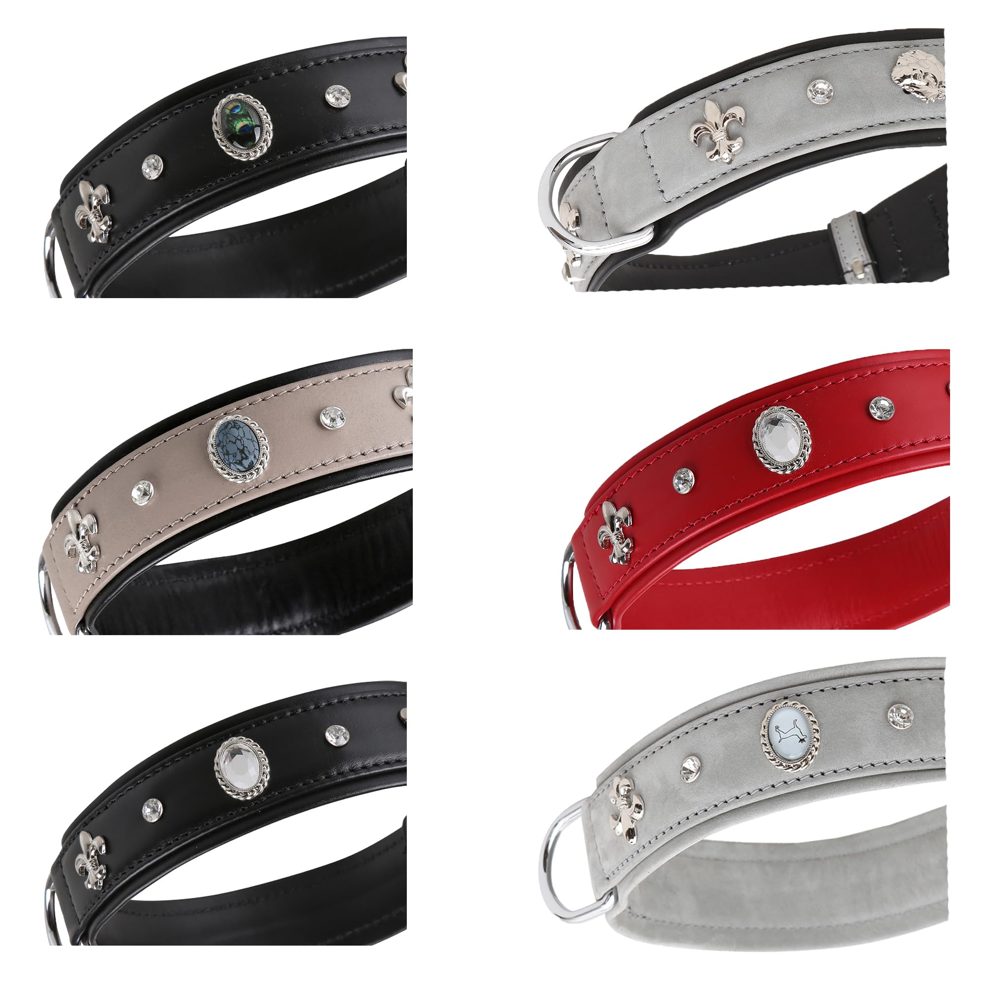 MICHUR EL Pavo Hundehalsband Leder, Lederhalsband Hund, Halsband, Schwarz, Leder, mit Lilien, Strasssteinen und grossem Pfauenauge, in verschiedenen Größen erhältlich