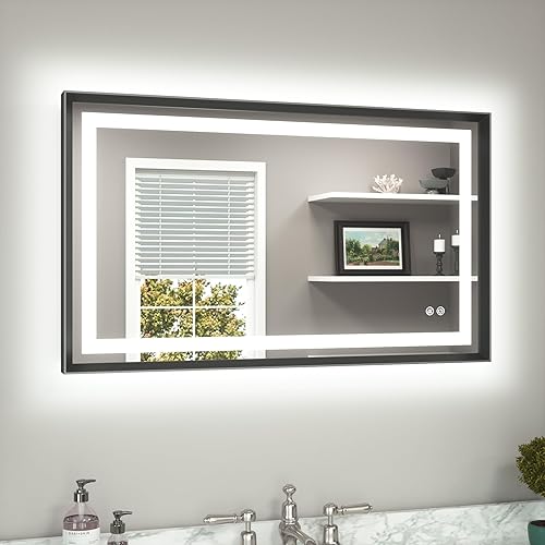 Miniatura 73 de TETOTE Espejo LED de baño de 24 x 32 pulgadas, marco de metal dorado cepillado frontal y retroiluminado, espejo de tocador antiniebla, regulable Oro
