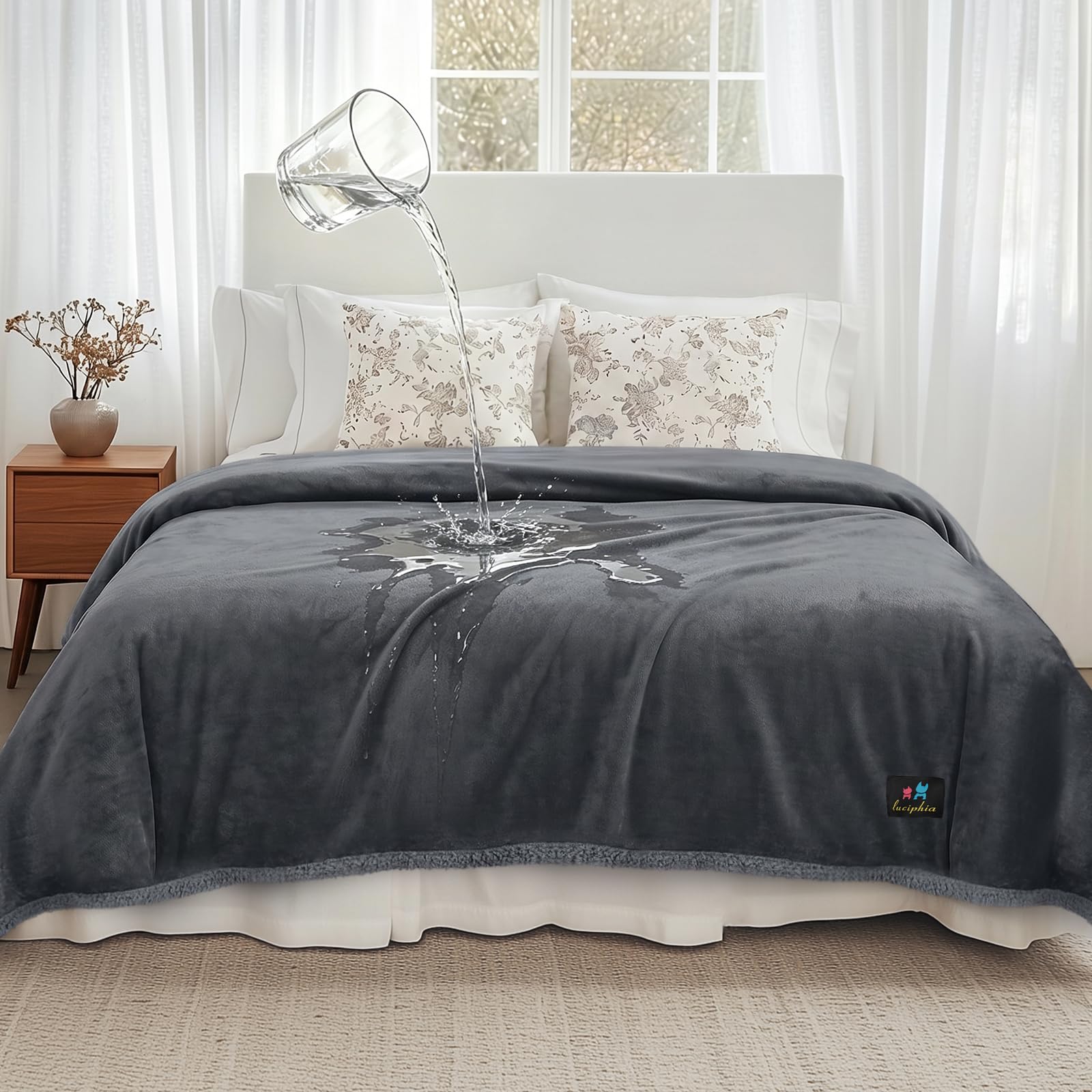 Waterproof Pet Blanket, Liquid Pee Proof Dog Blanket for Sofa Bed Couch, Reversible Sherpa Fleece Furniture Protector Cover for Small Medium Large Dogs Cats, Dark Gray Queen Size（90" x 82"） — image 1