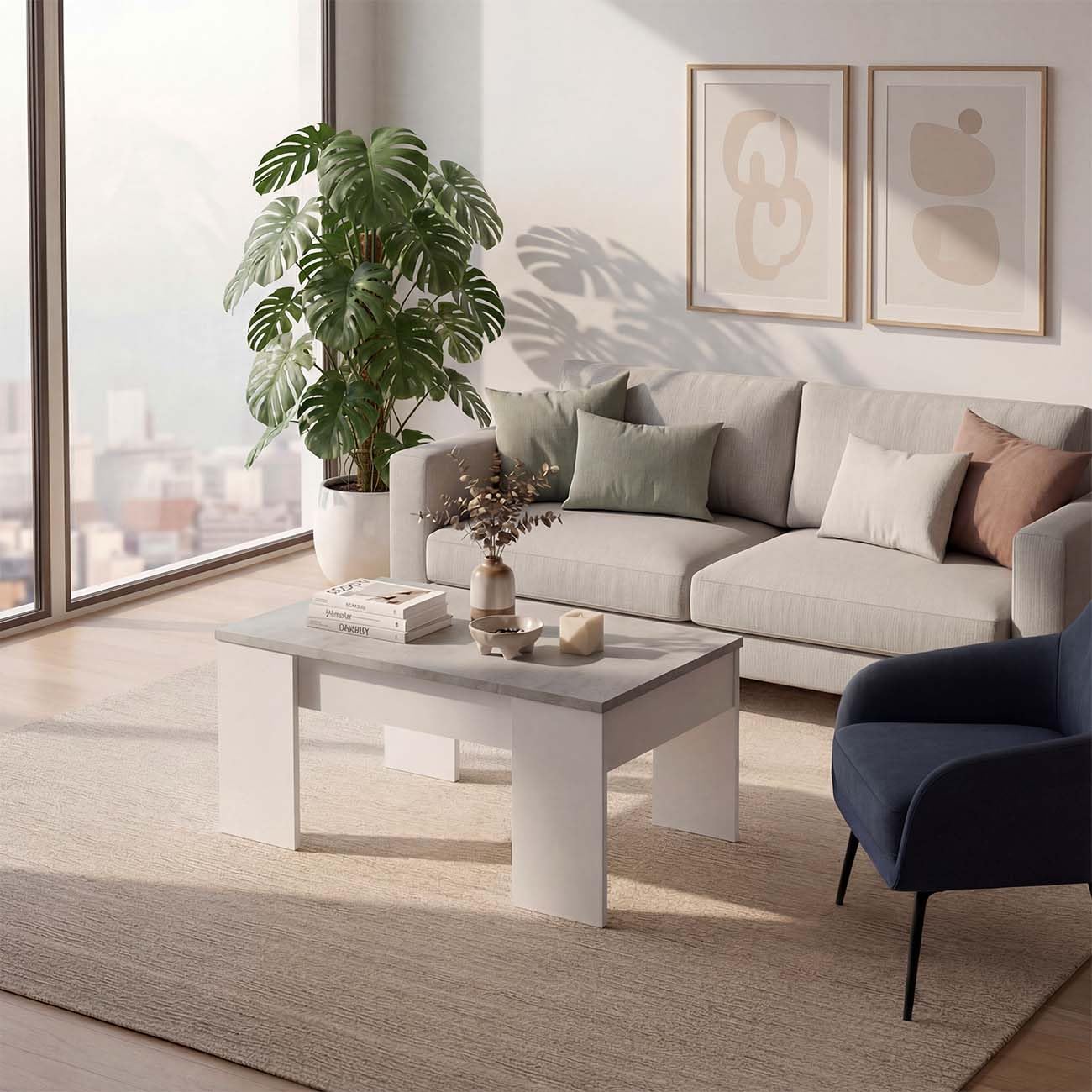 duehome | Mesa de Centro Elevable, Mesita de Salón o Comedor, Modelo Vita, Acabado en Color Blanco Artik y Cemento, Medidas: 100 cm (Largo) x 50 cm (Ancho) x 45-53 cm (Alto)