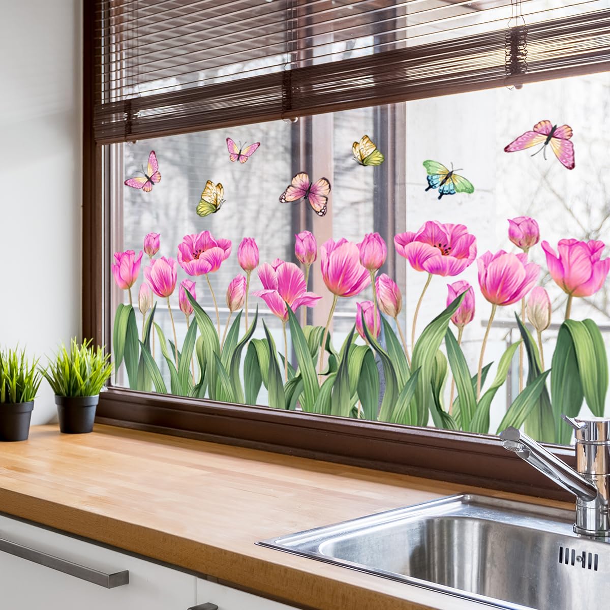 WandSticker4U®- Pegatinas ventanas primavera flores TULIPANES rosa (58x45 cm) I Vinilo ventanas flores mariposas I Decoración ventana salón dormitorio infantil cocina baño verano (no adhesivo)