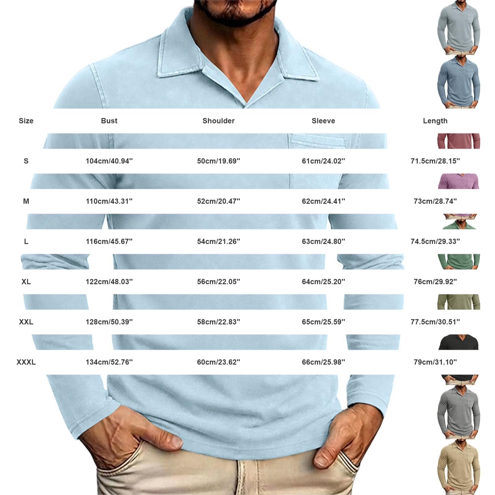 Polo da uomo in lino con scollo a V aperto - Camicetta a maniche lunghe con