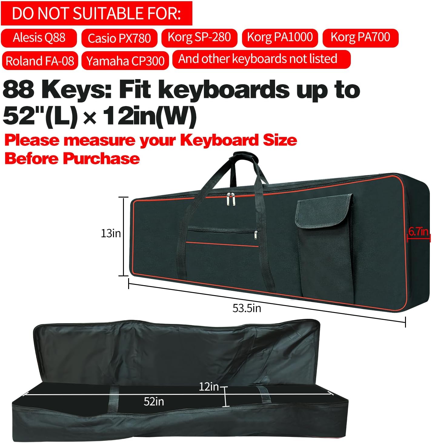 61 Key/88 Key Keyboard Case, Keyboard Gig Bag with Handles and Adjustable Shoulder Straps, Keyboard Gig Bag with 2 Pocket for Mobile Phone Sustain Pedals, Cables (88 Keys, 53.5"×13“×6.7”)