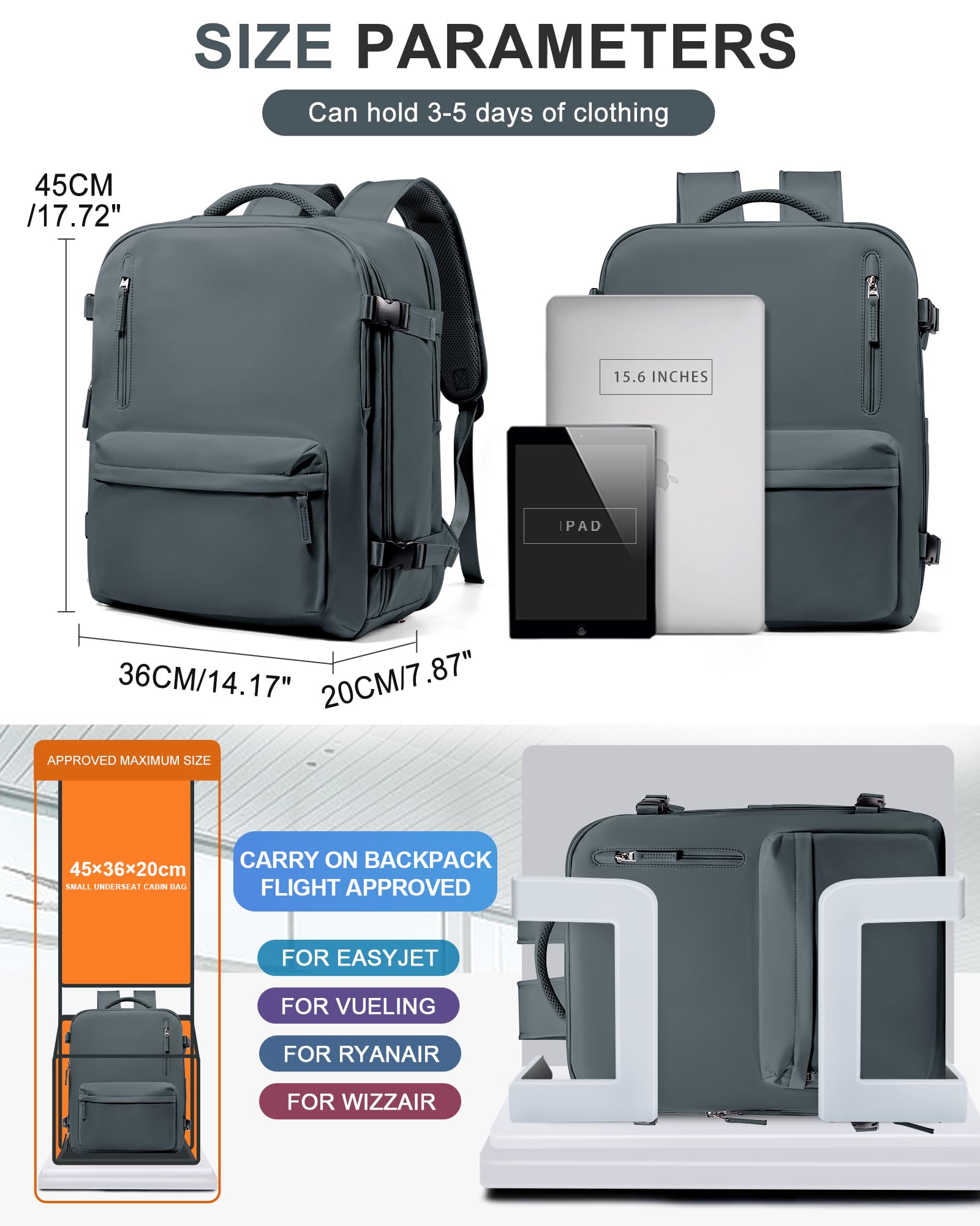 BJLFS Borse da Cabina per Ryanair 40×20×25 Bagaglio a Mano Easyjet 45×36×20 Borsa Zaino da Viaggio, Zaino da trekking,Zaino Casual per laptop da 14 pollici per scuola