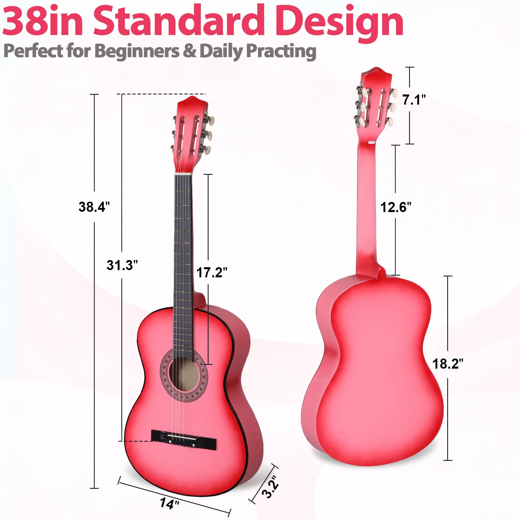 Smartxchoices 38" Kids Acoustic Guitar Bundle Kit for Starter Beginner Music Lovers, 6-String Folk Guitar with Gig Bag, Extra Set Steel Strings, Strap, Pitch Pipe and Pick, Pink