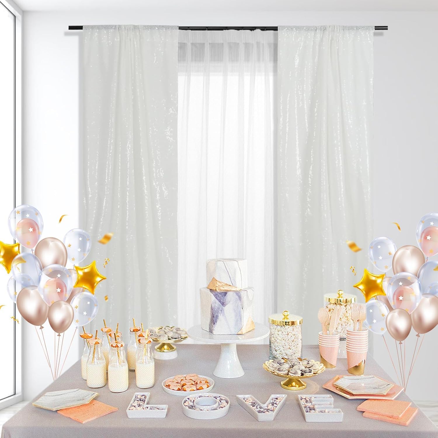PartyDelight Lot de 4 panneaux de rideaux à paillettes pour mariage, fête, décoration de chambre Blanc 60 x 240 cm