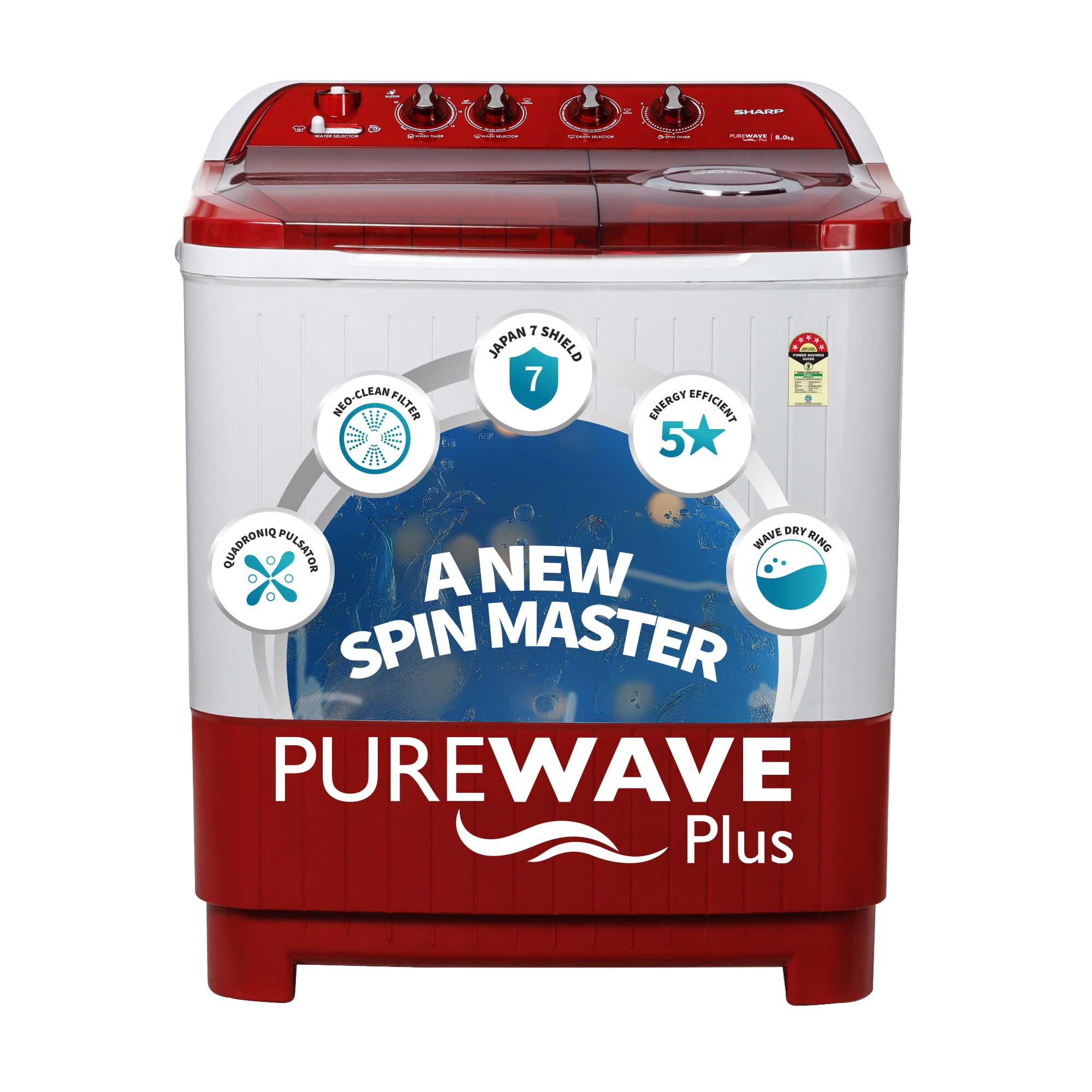 SHARP 8.0 kg, 5 star Semi-Automatic Top Loading Washing Machine with Quadroniq Pulsator, Wave Dry Ring, 1300 RPM (ES-SD80NB-TR, Ruby Red, Pure Wave+)