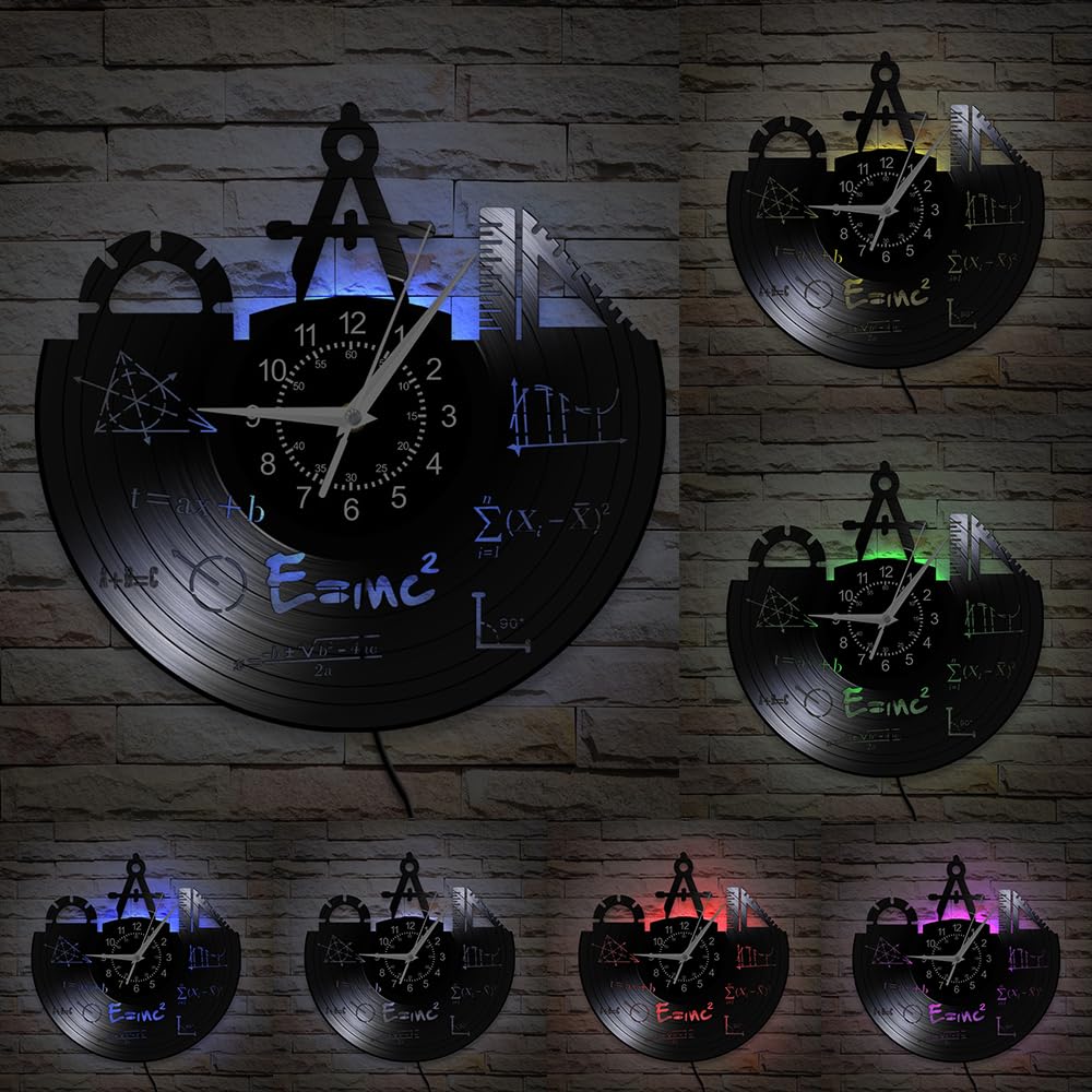 Timeglow Math Wall Clock, 7 Colors Luminous 12 Inch Mathematics Wall Clock Silent Quartz Non Ticking, Modern Decorative Night Light LED Vinyl Record Wall Clock Watch for School Classroom Math Teachers
