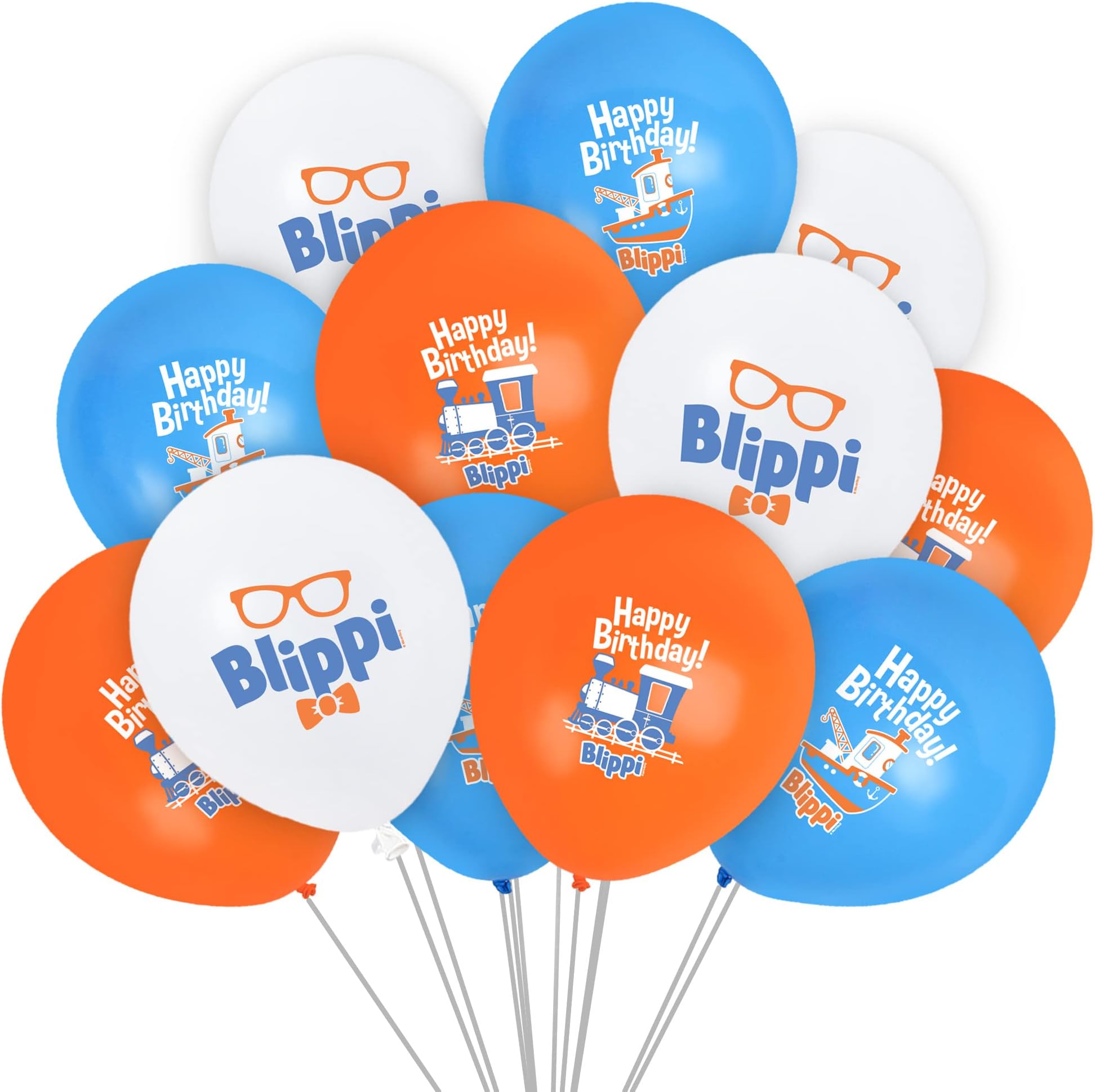 Treasures Gifted Blippi Birthday Party Supplies Vehicle - 12 Pack - Blippi Birthday Balloons Pack - Latex Blippi Balloon - 12 Inch Blippi Balloons Orange, Blue, & White - Blippi Party Supplies