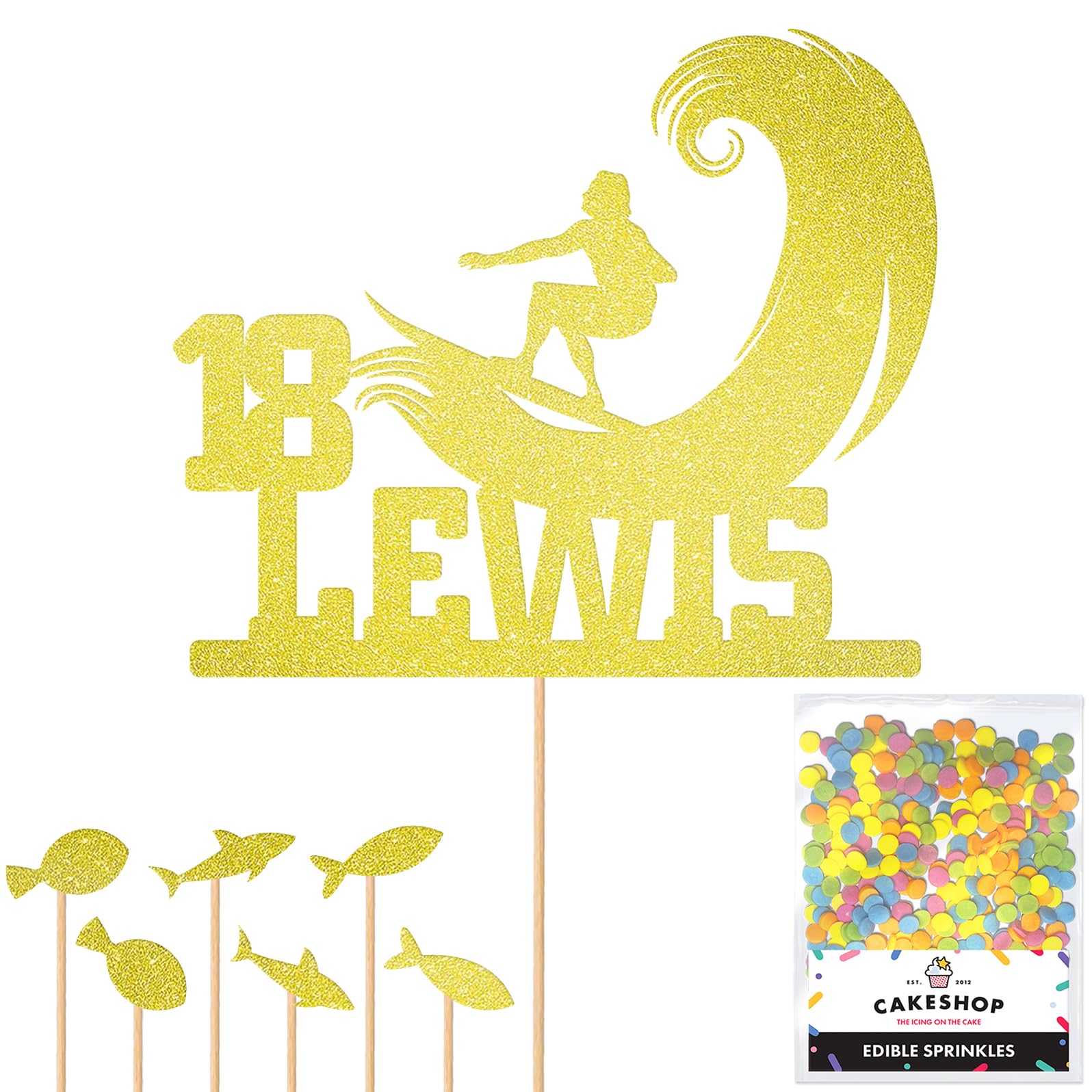 Personalised Surfer Wave Surfing Glitter Cake Topper Champagne Any Custom Age & Name Glitter Cake Decoration and Sprinkles - Happy Birthday Decorations - Personalised Toppers for Cakes by Cakeshop — image 1