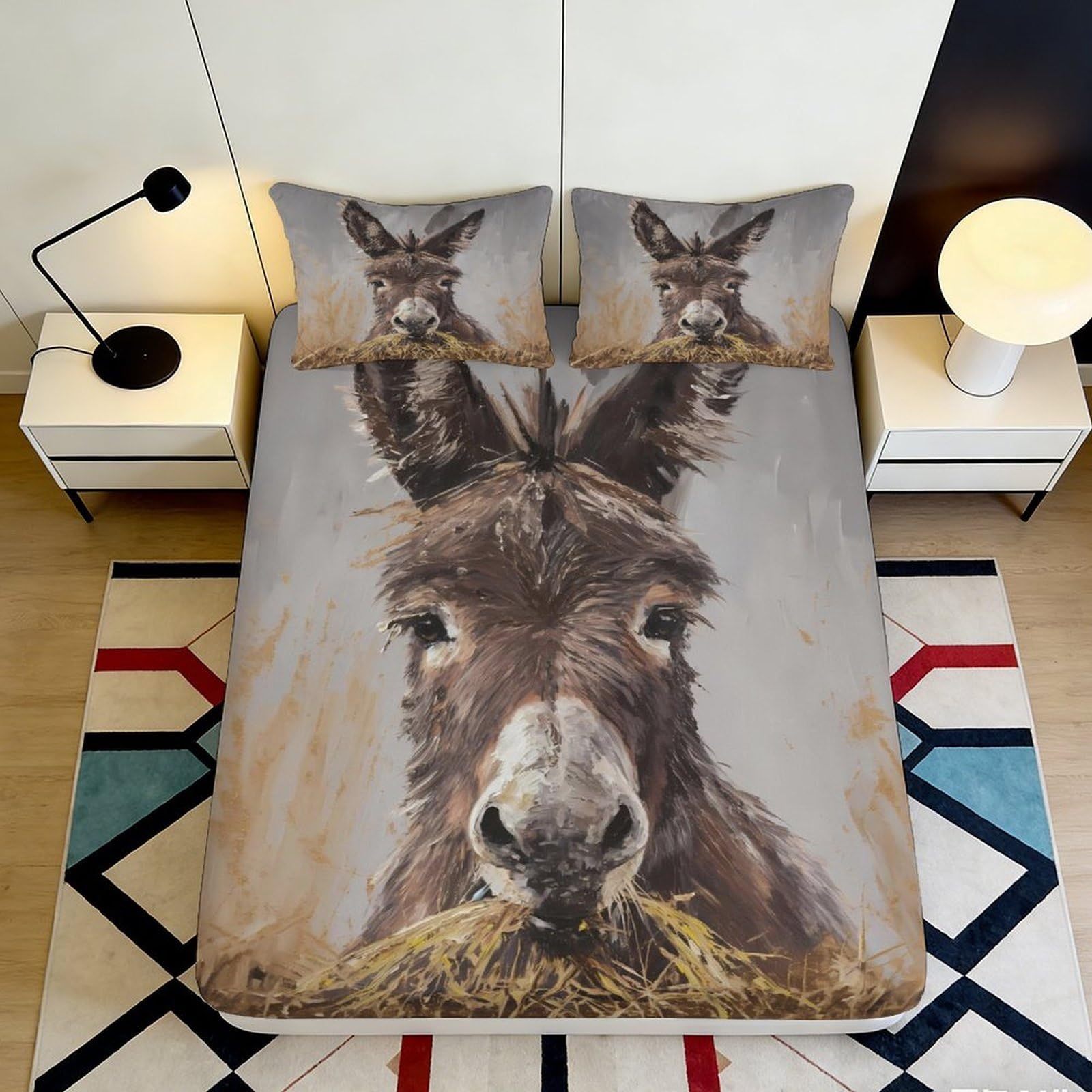 3D Printed Donkey Face Fitted Sheet Microfiber Anti-Slip Dustproof Hay Animal Mattress Cover for Bedroom Guest Room Easy Care 90x200x25cm