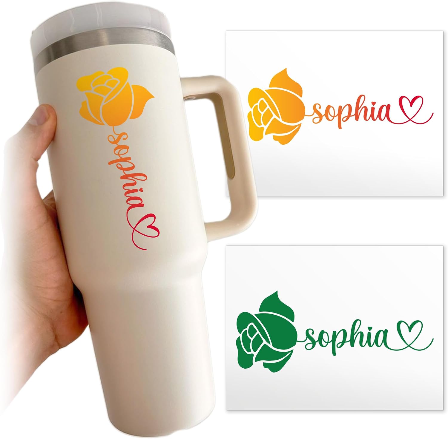 Custom Rose Name Transparent Sticker Personalized Elegant Floral Aesthetic Name Waterproof UV DTF Decals Stickers for Water Bottle, Tumbler, Laptop, Hard Hat, Phone Case, Car Window Decor