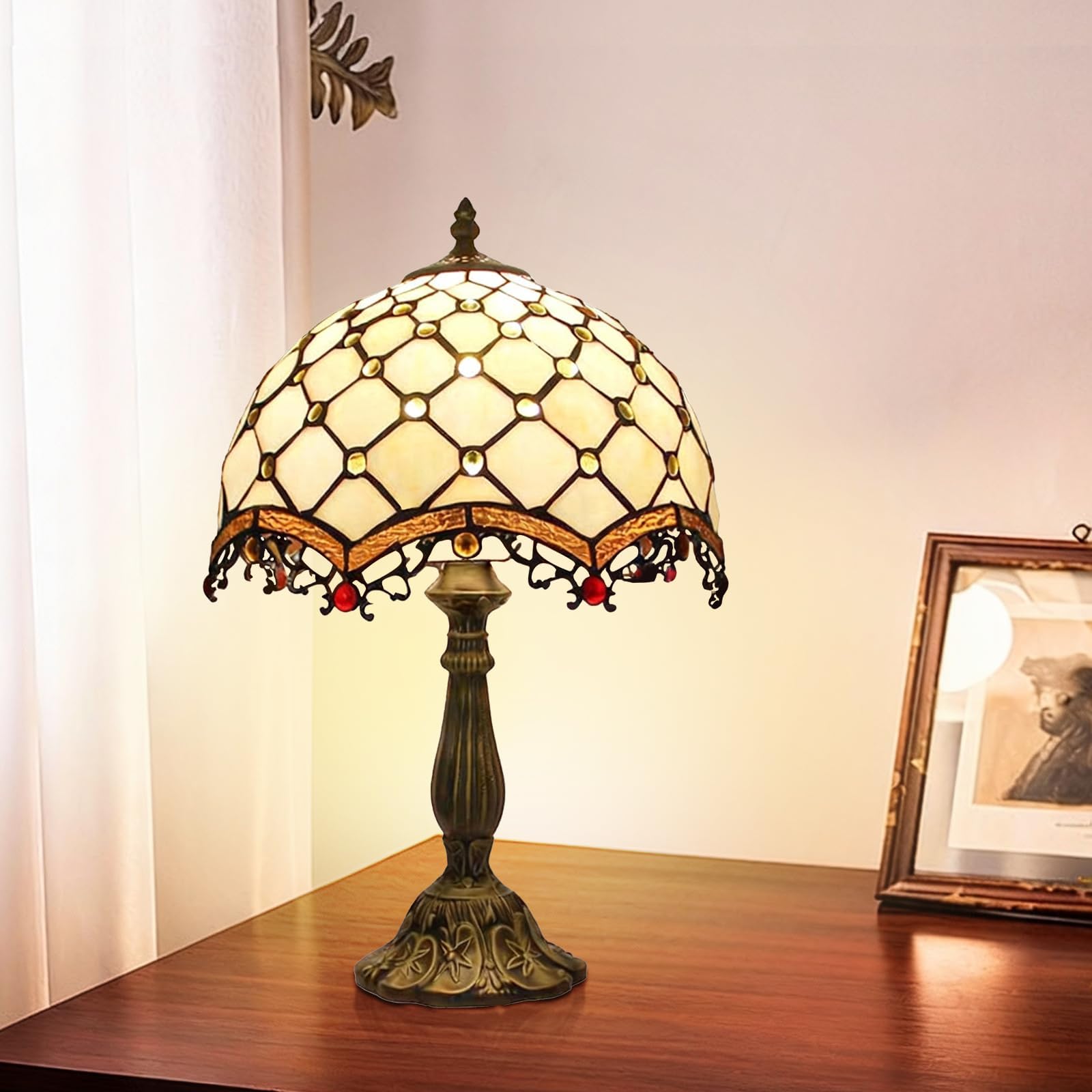 Plynvexa Tiffany Lamp 12 Inches Cream Amber Stained Glass Bead Table Lamp Desk Bedside Reading Light Deco Bedroom Living Room Home Office