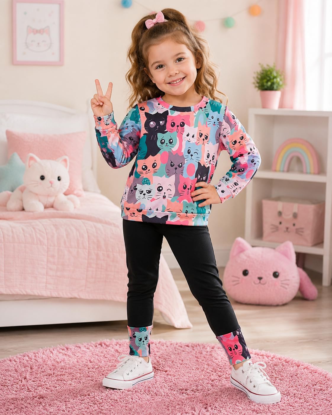 Set di 2 pezzi per bambine con maniche a volant e felpa con unicorno, top e leggings per la scuola, set di abbigliamento per bambini