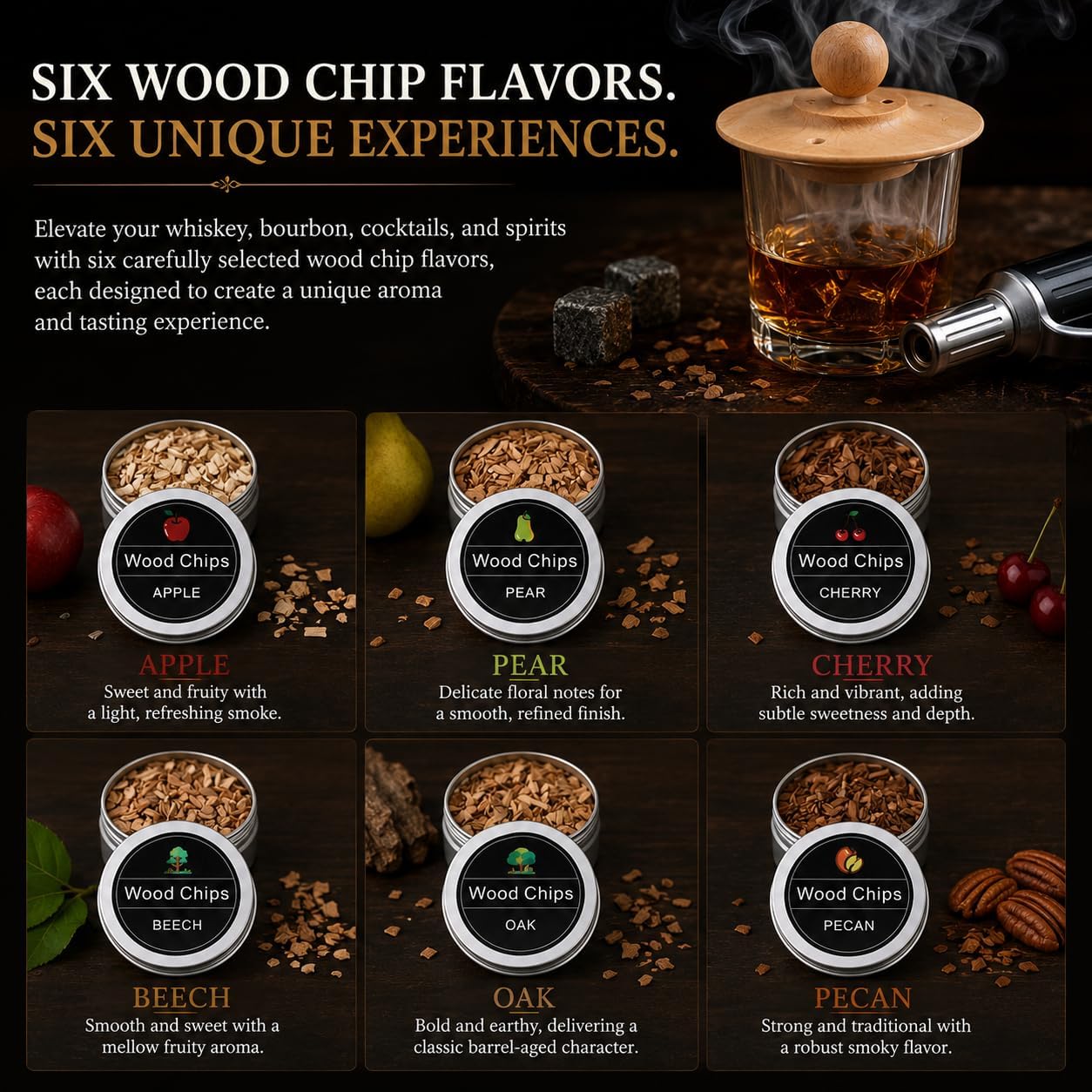 Whiskey Smoker Kit with Torch - Old Fashioned Smoker Kit - Cocktail Smoker Kit with Rich Wood Chips - Bourbon & Whiskey Infusion Set for Cocktails, Bar Drinks, Gatherings & Gifting