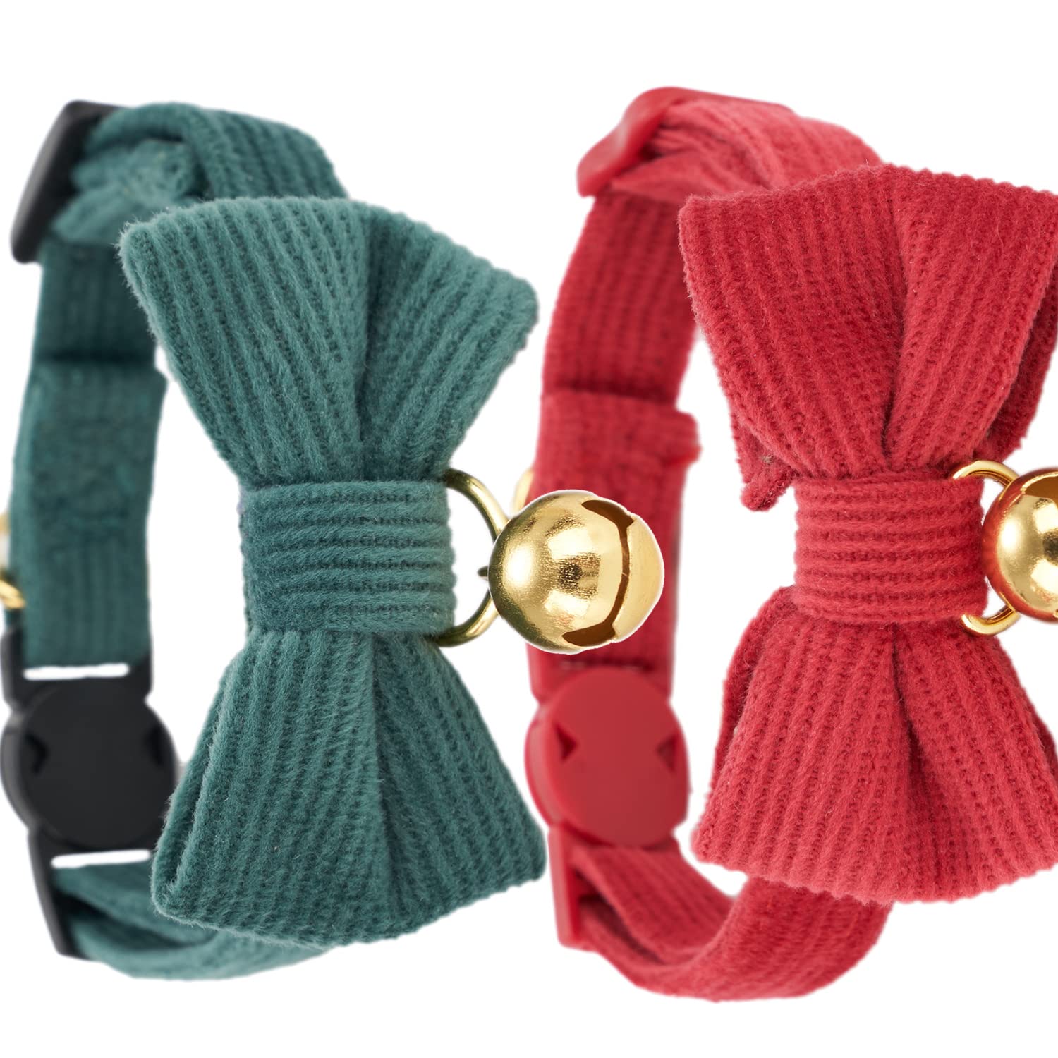 YUDOTE Ultra-soft Collar Natural Cotton Corduroy Made for Cats with Sensitive Skin,Lightweight Kitty Collars with Quick-release Buckle and Removeable Bow-tie,Green,Red Pack of 2