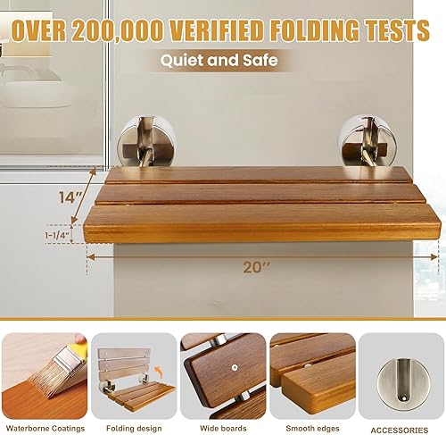 Miniatura 6 de Asiento de ducha plegable de teca de 20 pulgadas montado en la pared, banco de ducha plegable para espacio de ducha pequeño, taburete de madera de