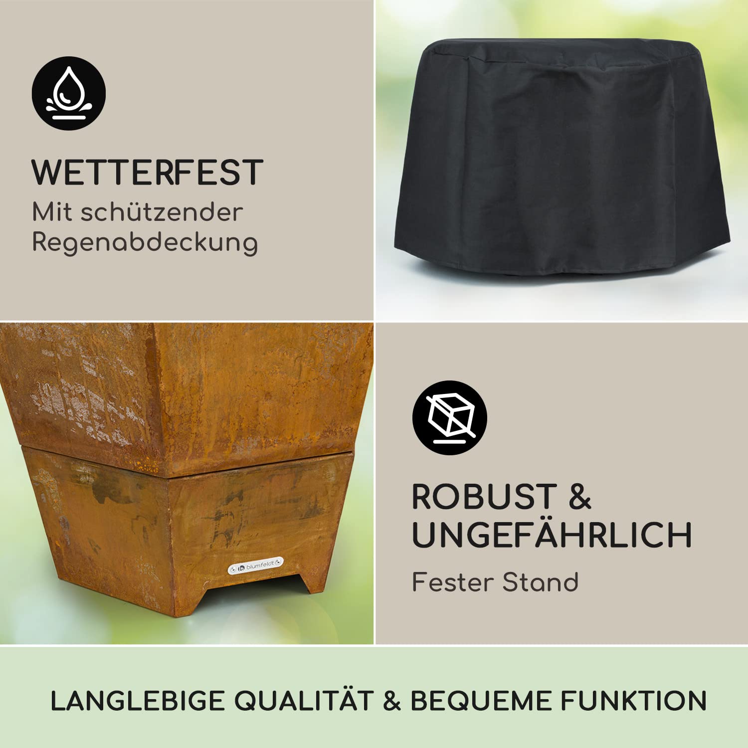 Blumfeldt Feuerschale mit Grillrost, Outdoor Stahl-Feuerschale Groß für Balkon & Camping, Mobile 60 cm, Feuerschalen mit Standfuß, Wetterfeste Sechseckige Feuerstelle