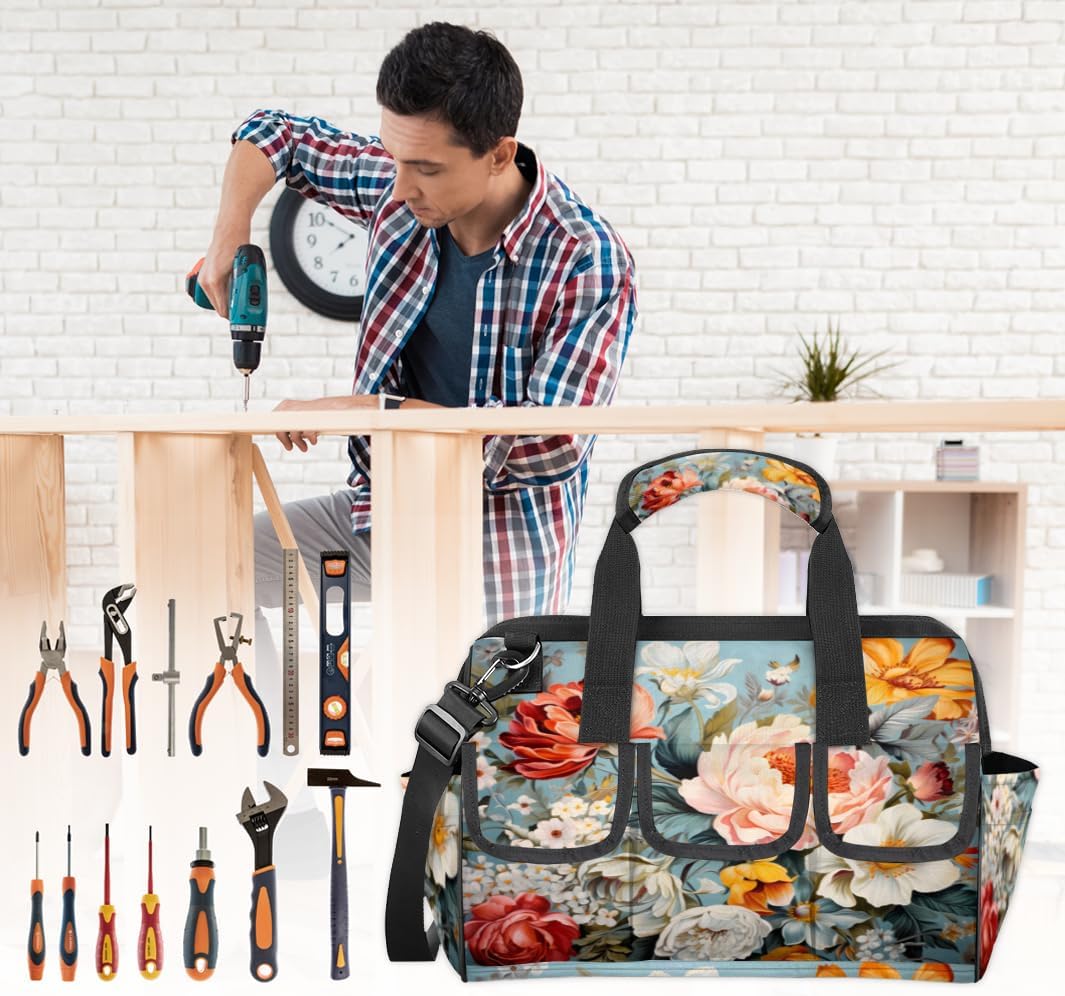 Flower Artistic Heavy Duty Tool Bag 14.8 Inch for Men, Wide Mouth Garden Tool Storage Bag with Adjustable Shoulder Strap, 14 Pockets Tool Bag Organizer for Construction, Gardening
