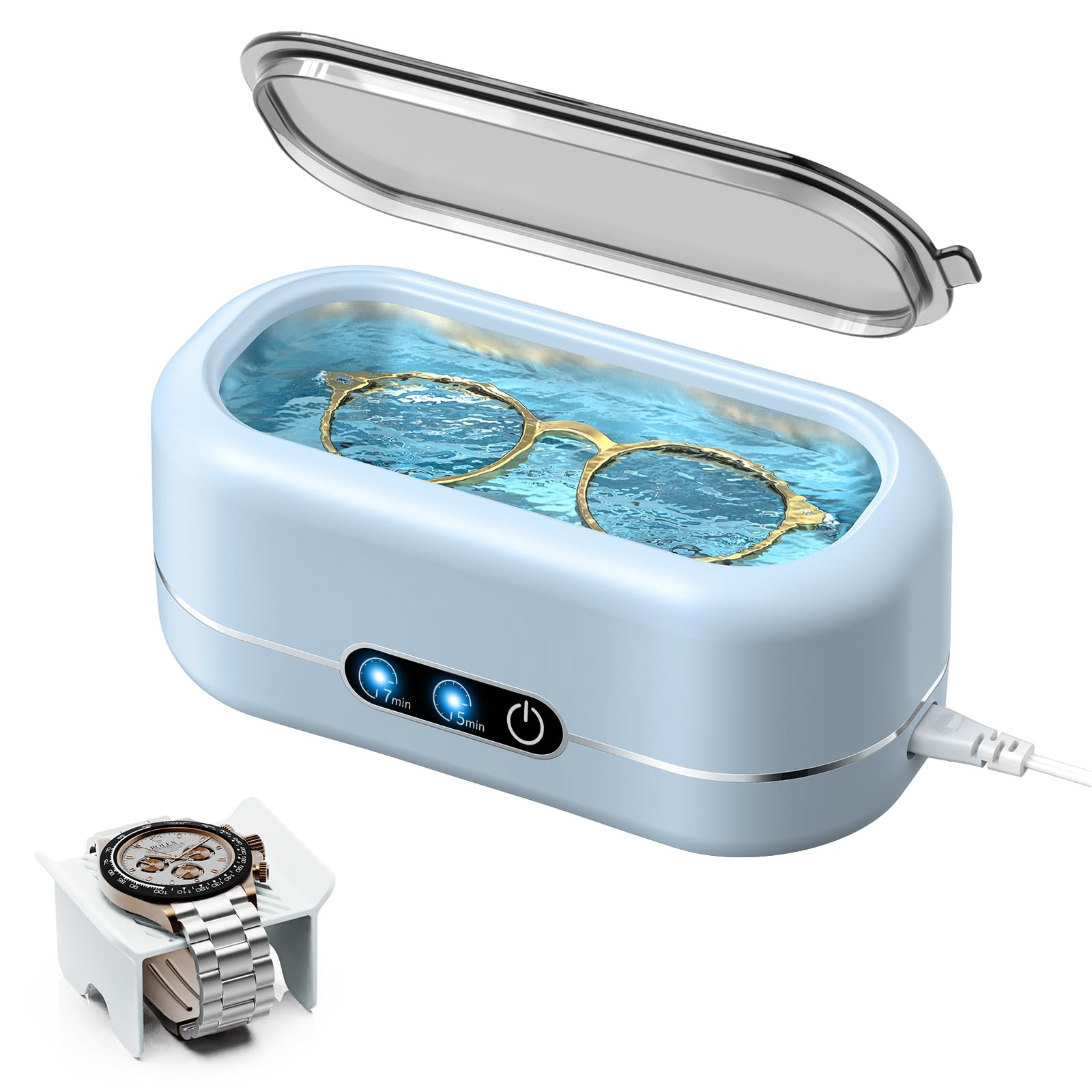 Limpiador ultrasónico de joyas, limpiador de joyas mejorado, máquina ultrasónica de 48 KHz para todas las joyas, lentes, correas de relojes, dentaduras, retenedores y más, azul claro