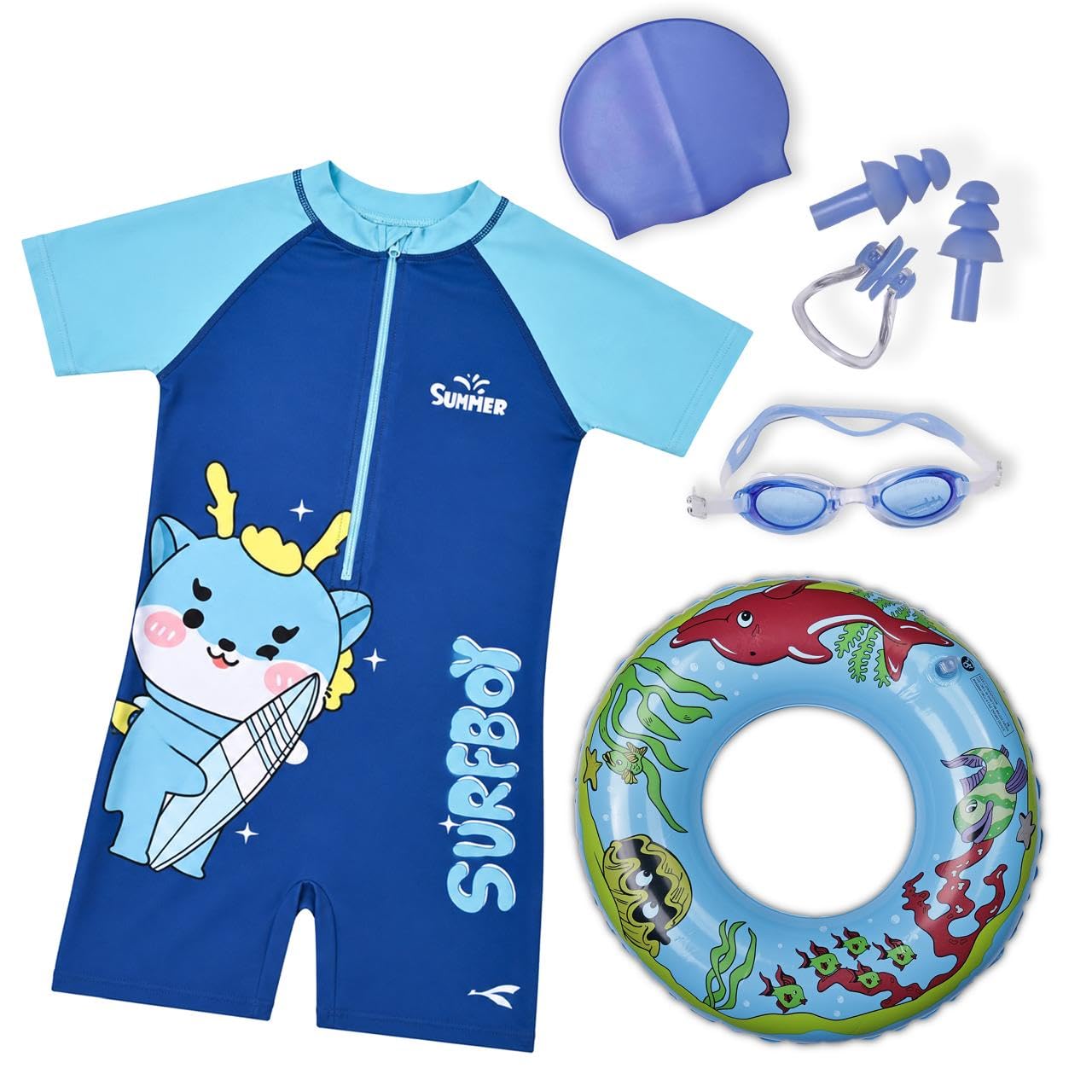 6-in-1 Kids Swimming Set | Polyester Swim Suit with Swimming Cap, Goggles, Nose Clip, Ear Plugs & Inflatable Swim Ring Swimwear for Boys & Girls-image-28