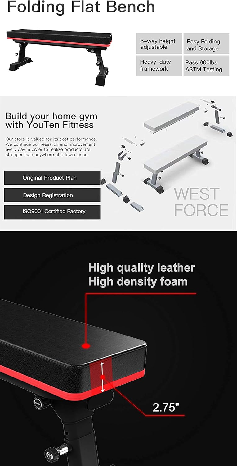 YouTen Adjustable Bench for Body Workout Fitness, 5Positions Flat Bench, Abs Exercise Weight Bench with Steel Frame Black : Sports & Outdoors
