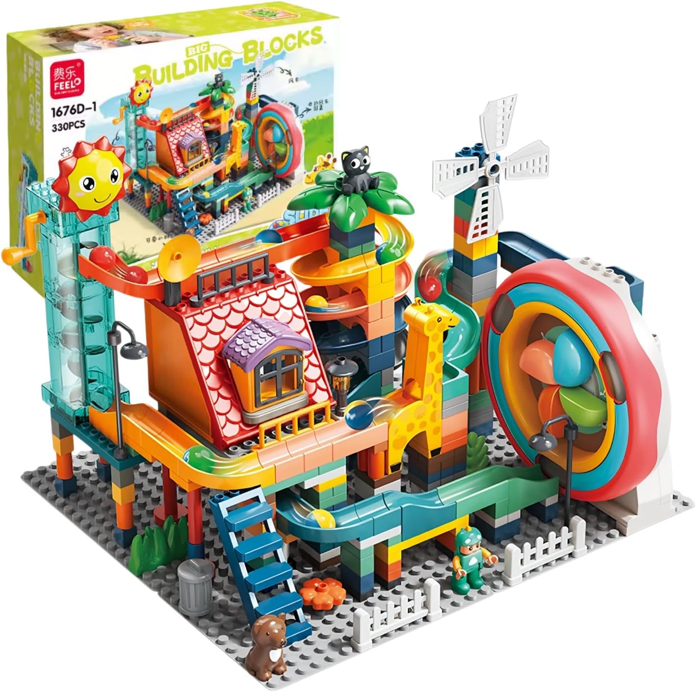 FEELO Marble Run Colorful Jungle Hut, 330 ABS Large Particles Building Toy, STEM Learning Toy for Kids 3-5, with Windmill Lifter Decor, DIY Track Design-FL1619