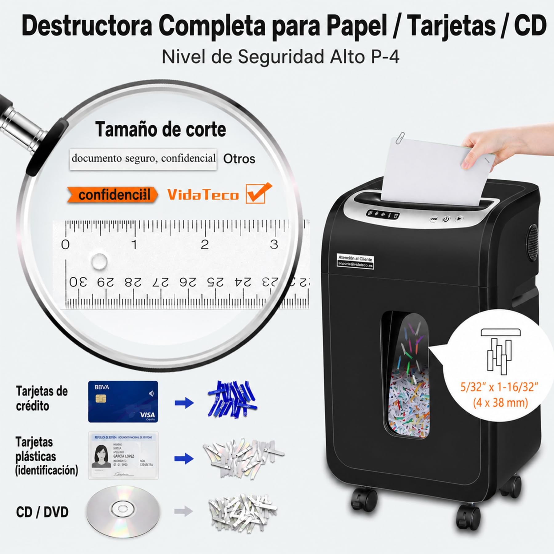 VidaTeco Trituradora de Papel Destructora de Papel Microcorte 20 Hojas 30L