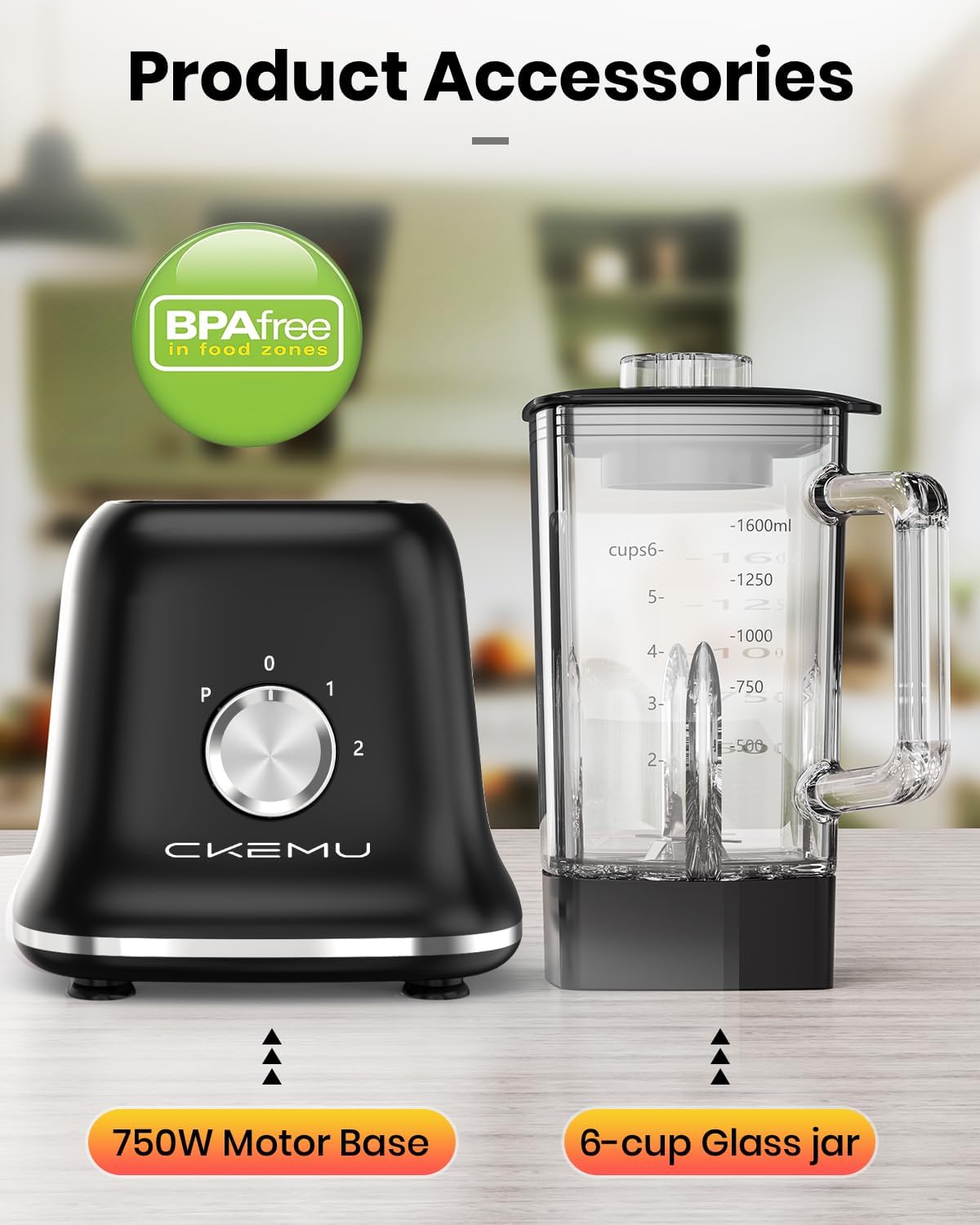 Professional Blender For Smoothies, 58 Oz Glass Jar, Glass Blender Including Puree & Crush Ice Functions, 750 Watts (Black)