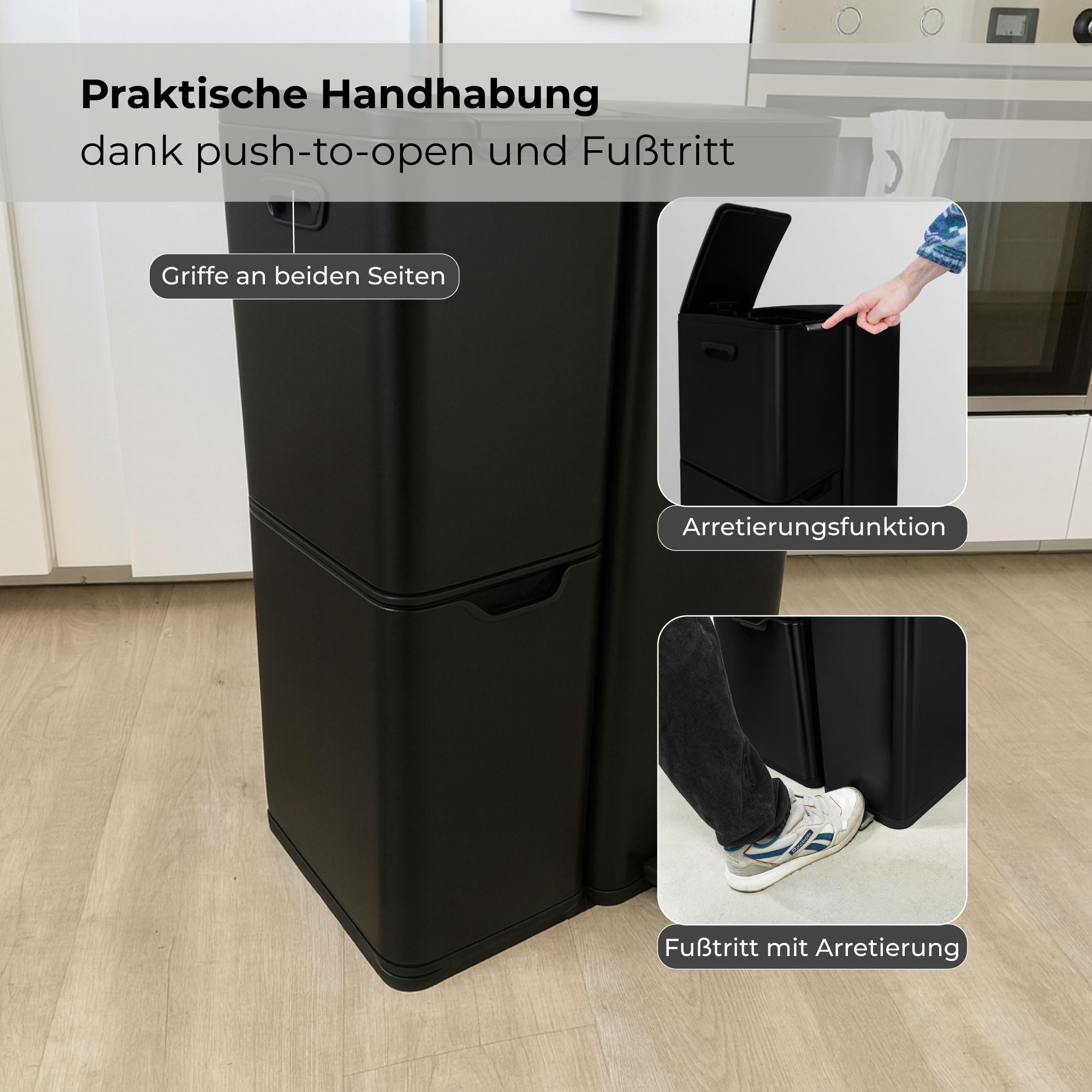 osoltus Mülleimer Abfallsammler Softclose Edelstahl hoch (60 L (30 + 17 + 13 L) schwarz)