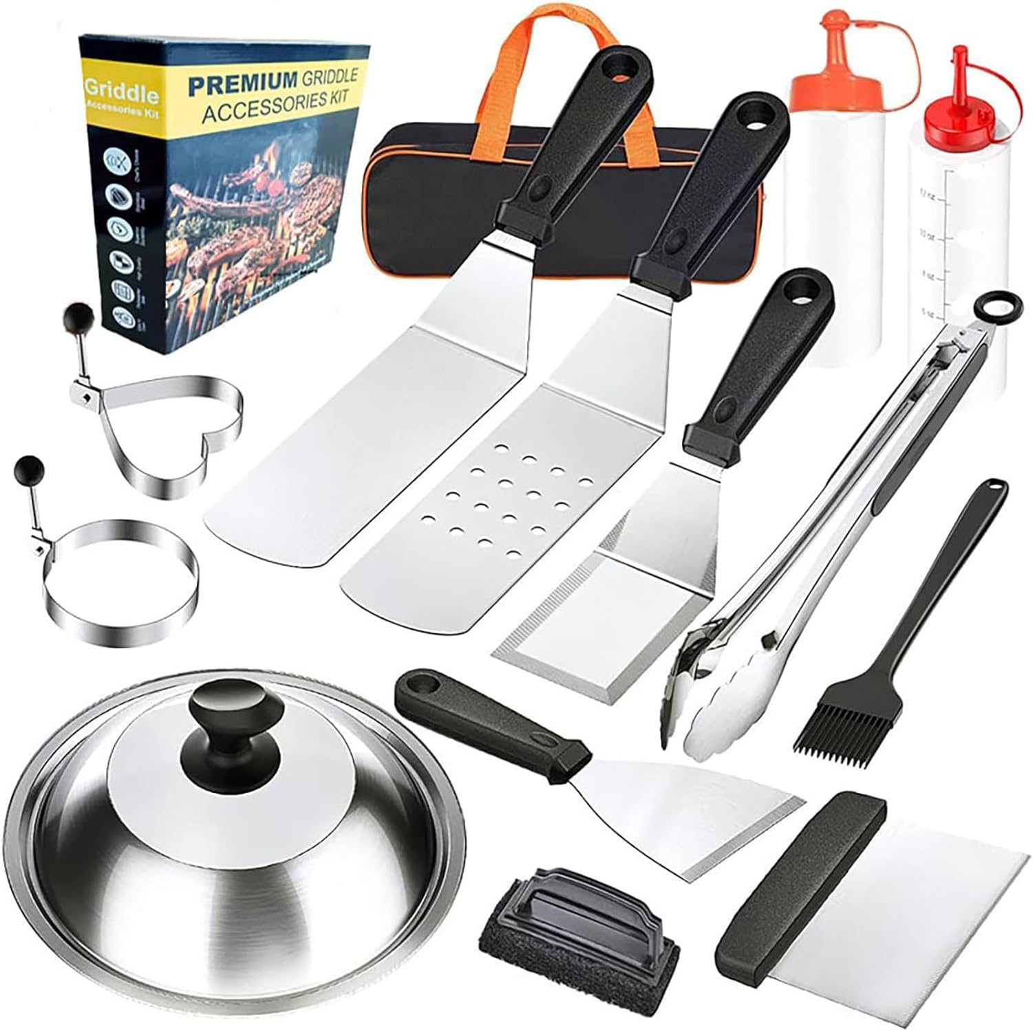 14PCS Griddle Accessories Kit, Flat Top Grill Accessories Set for Blackstone and Camp Chef, Grill Spatula Set with Enlarged Spatulas, Basting Cover, Scraper for Outdoor BBQ