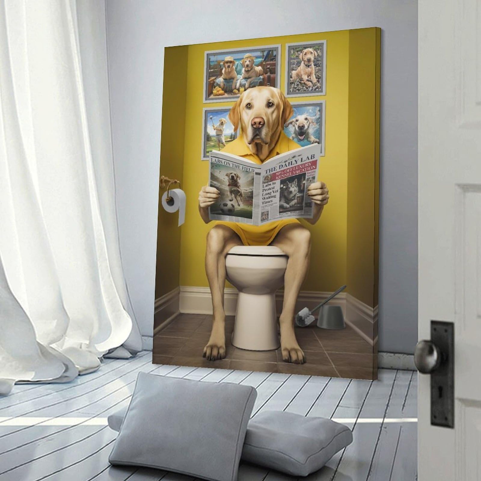 Junmoney Wall Picture Print Yellow Labrador Toilet, 08x12inch(20x30cm), for Hallway, Bedroom Or Modern Interiors, Thoughtful Wall Decor for Art Lovers