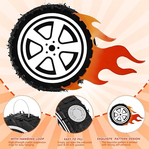 Miniatura 4 de Piñata para rueda de automóvil, suministros de fiesta de cumpleaños, decoración de fiesta temática de coche de 12.9 pulgadas, para baby shower,