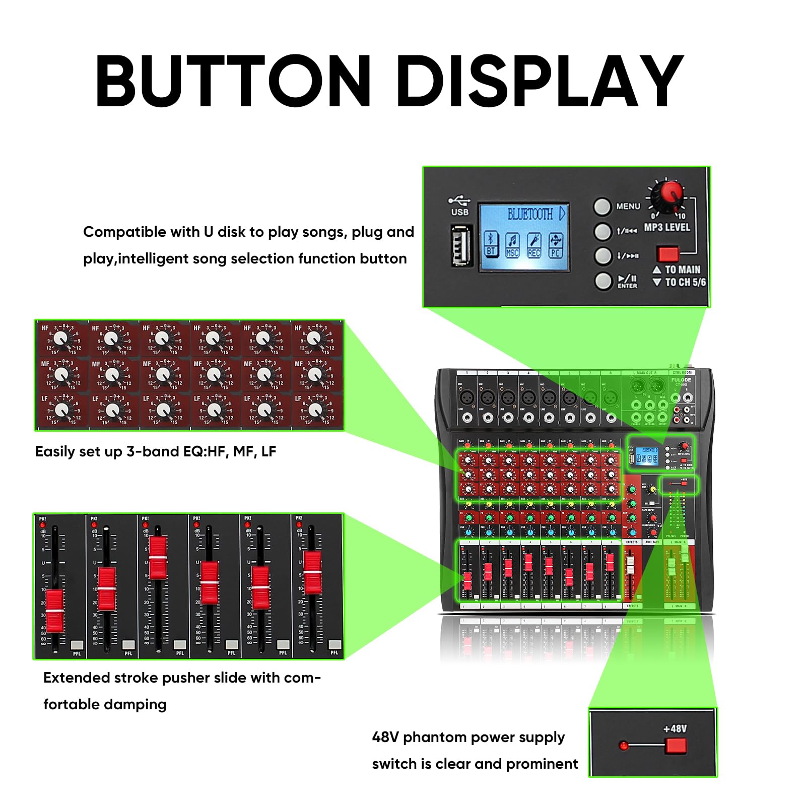 Audio Mixer 8 Channel, CT-80S Professional Sound System Mixer Board DJ Mixing Console with Reverb MP3 Player Bluetooth 48V Phantom Power Supply USB Recording for Studio Karaoke Live Music