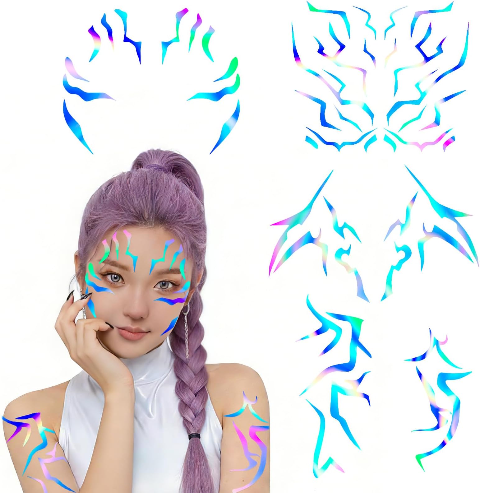 K-Style Dark Concept Temporary Tattoos, 4 Sheets Laser Effect Demon Mark Face & Body Makeup Stickers for K-Pop Parties, Cosplay & Birthday Decorations