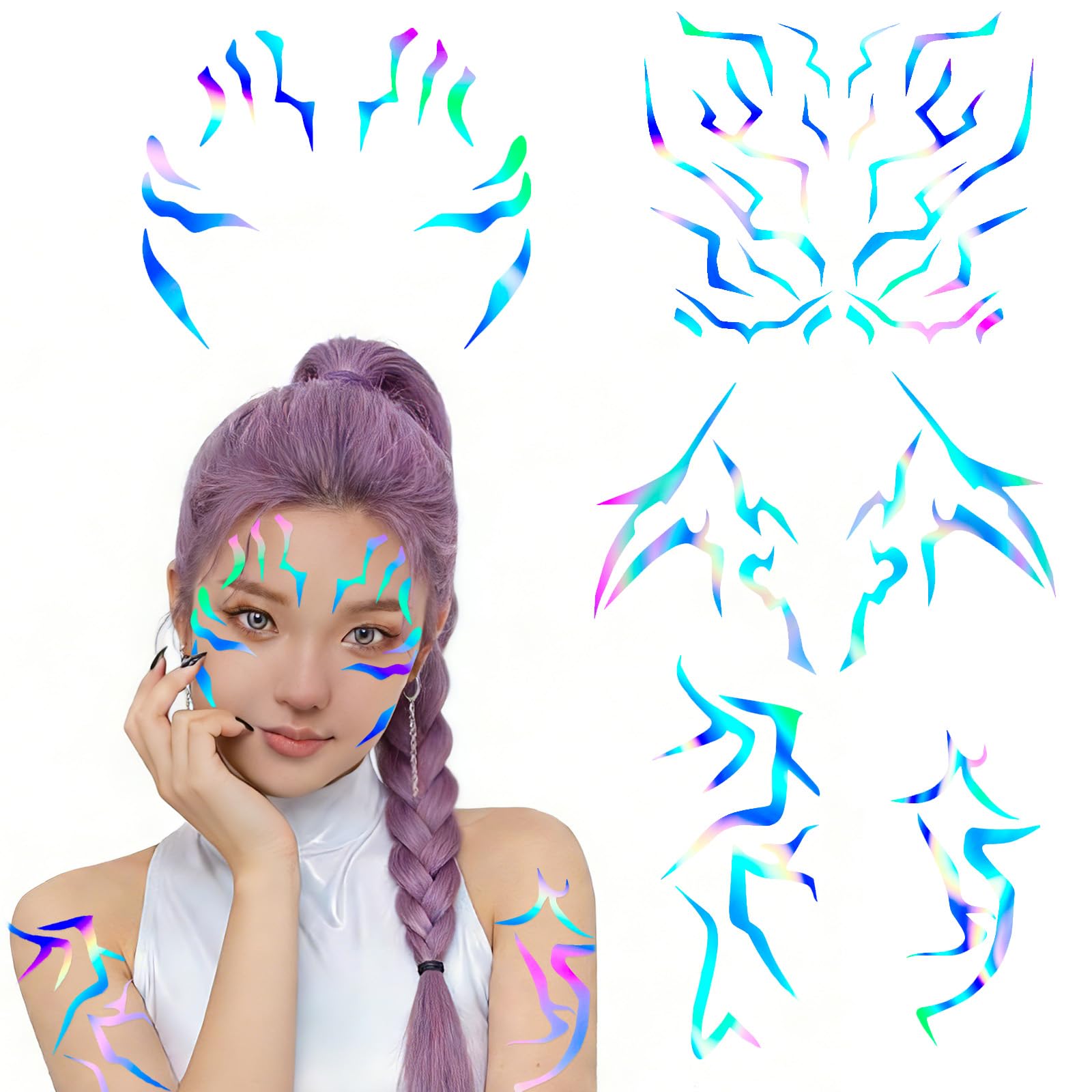 K-Style Dark Concept Temporary Tattoos, 4 Sheets Laser Effect Demon Mark Face & Body Makeup Stickers for K-Pop Parties, Cosplay & Birthday Decorations