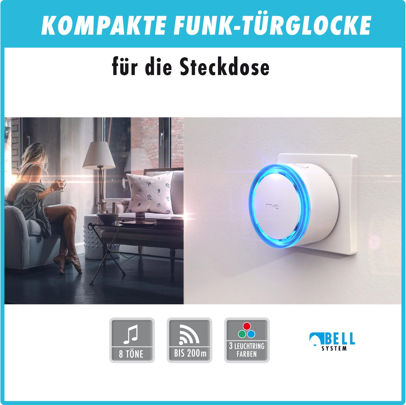 m-e Funkklingel BELL-572 Edelstahl gebürstet mit Sender und Empfänger für 2-Familienhaus | Erweiterbare kabellose Türklingel mit 200 Meter Reichweite | Türglocke für Steckdose