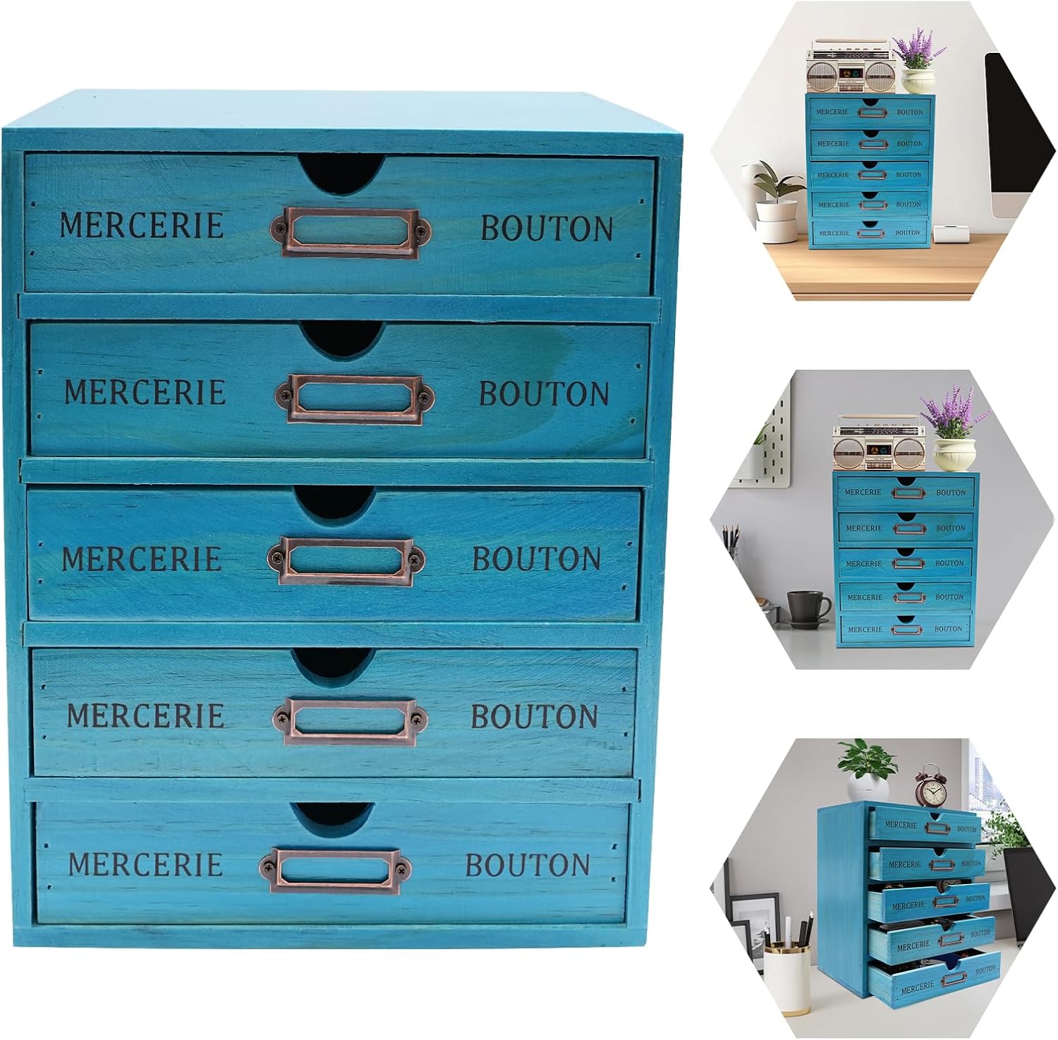 Turquoise 5 Drawer Wooden Desk Organizer, Wooden Storage Box Desktop Storage, Countertop Drawers Library Card Catalog Cabinet Apothecary Cabinet, Vintage Wood Home Office Desk Organizer (Blue)