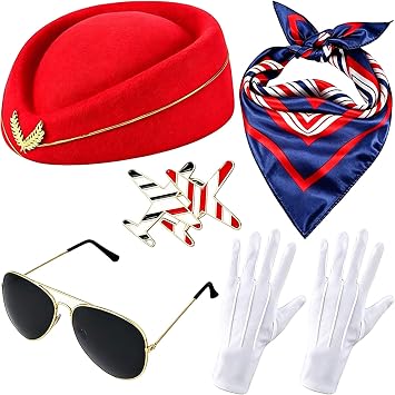 5PCS Airline Stewardess Costume Accessories Set Womens Flight Attendant Costume Accessories Cosplay Outfit for Adults Girls Cosplay Dress up PartyRed