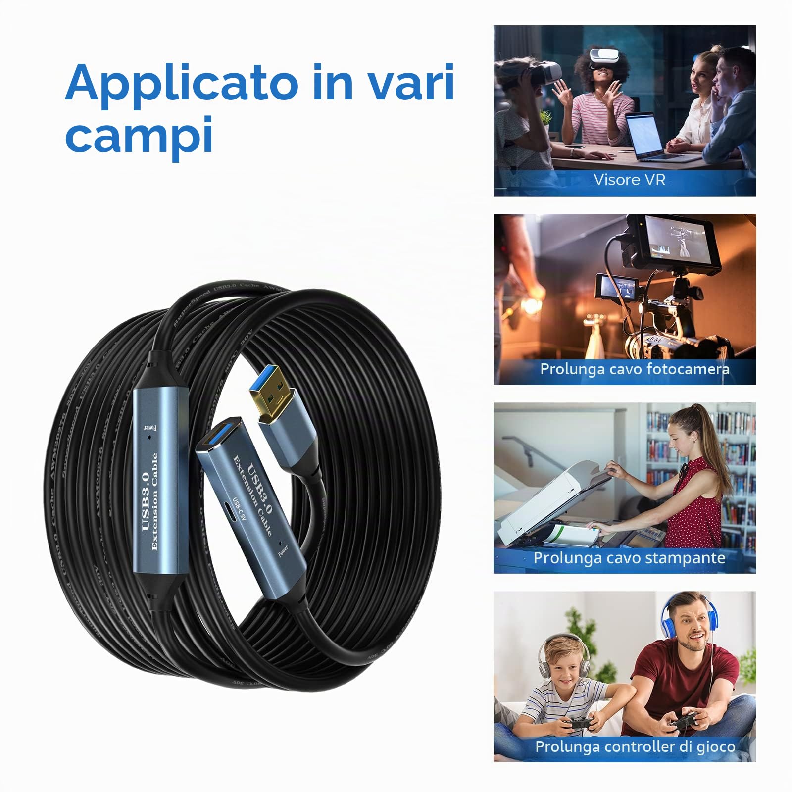 Cavo di prolunga USB 3.0 15 m, tipo A maschio a femmina, attivo con 2 chipset, amplificatore di segnale e 1 porta di ricarica USB-C, per webcam, stampante, fotocamera
