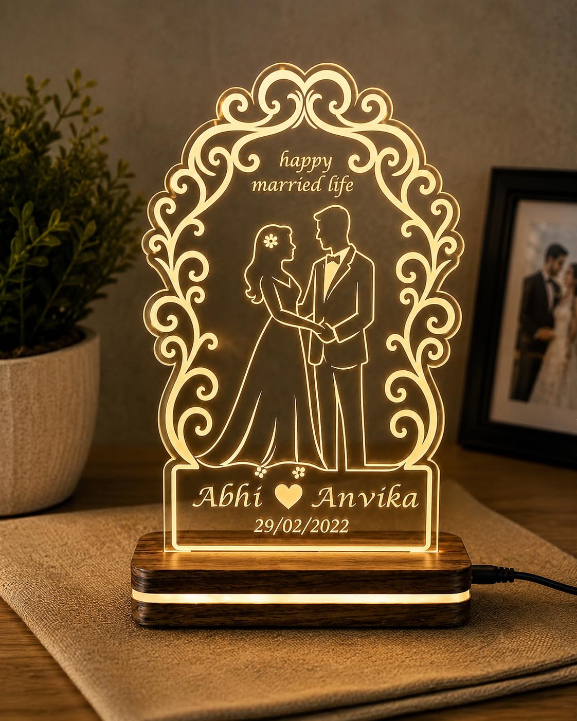 Personalised Wedding Couple Acrylic LED Lamp with Wooden Base | Laser-Engraved Acrylic, Warm White LED, 16x14 cm Size, DC Adapter Powered, Custom Names & Date-image-15