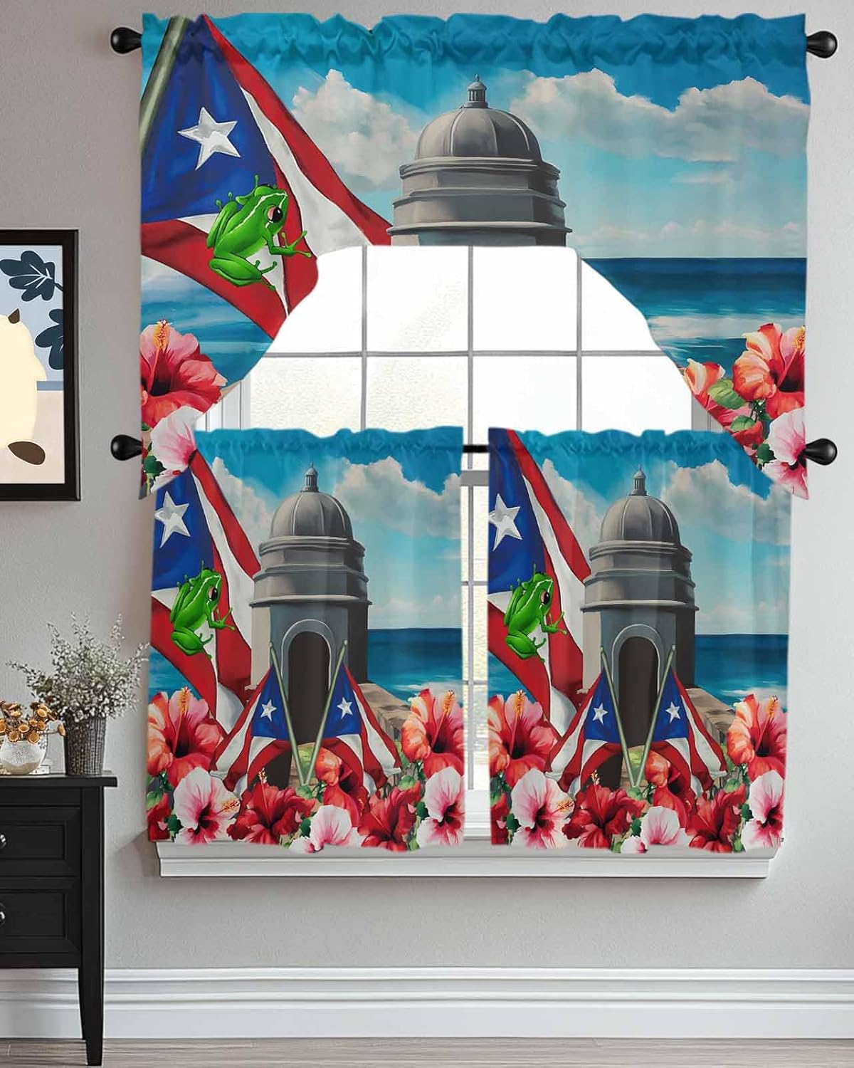Puerto Rico Flag Swag Kitchen Curtain Sets with Valance,3 Pieces Red Blue Flag Flower Frog Ocean Boho Curtain Drapes Rod Pocket for Bedroom Bathroom Cafe Windows,56''x36'' & 24''x27.5''x2Panels
