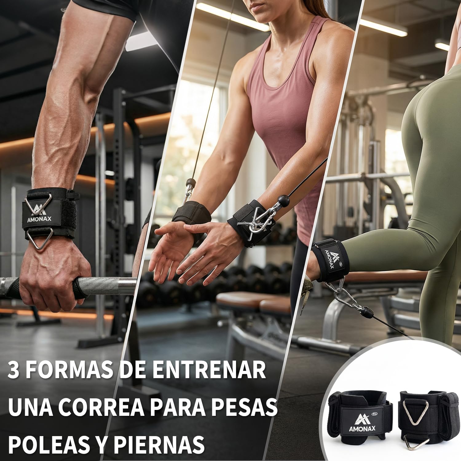 Amonax 3-en-1 correas de levantamiento de pesas, correas de tobillo para máquinas de cable, brazaletes de gimnasio acolchados para máquinas de cable, correas de fitness con anillo en D triangular y