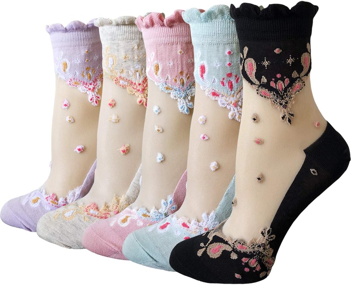 5 Pairs Womens Candy Sheer Mesh Socks, Transparent Floral Lace Socks for Ladies Ankle Ruffle Fishnet Summer Stockings