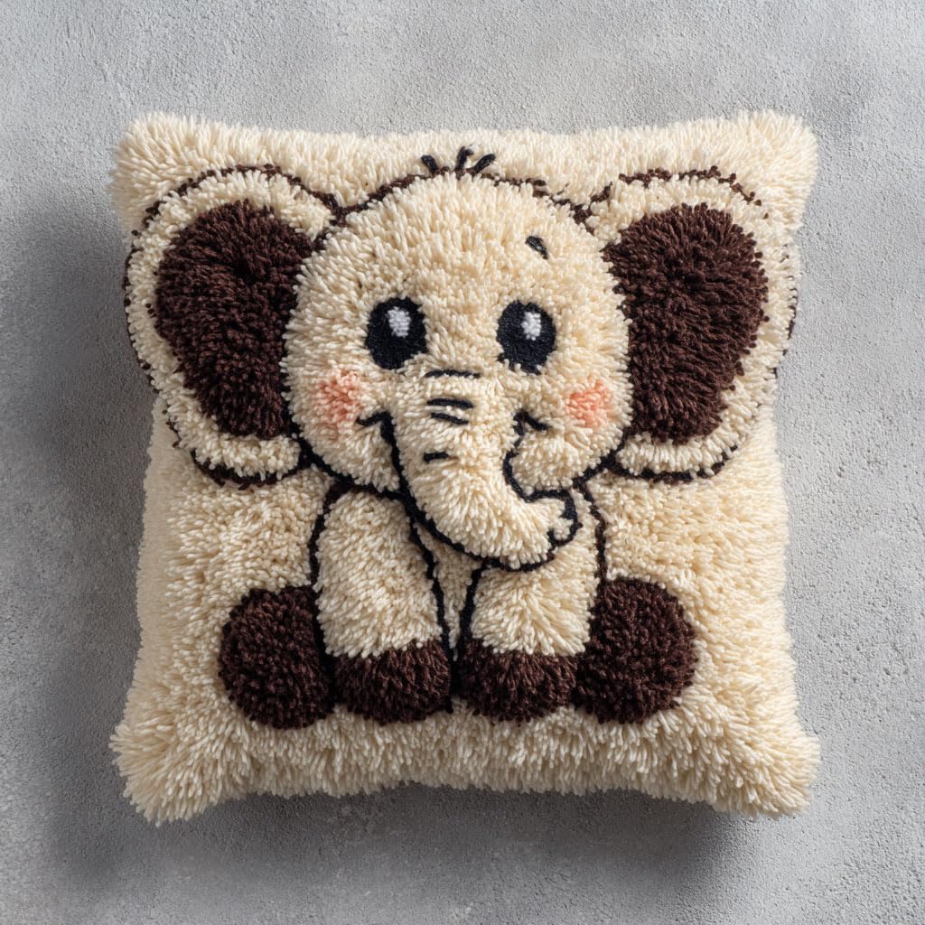 Henypt Latch Hook Kits-A Diy Latch Hook Kits, Animals Elephant Needlework Pillow Cover 43Cmx43cm Diy Hooks Knitted Embroidered Carpet Pillow Embroidery Latch Hook Carpet Kit