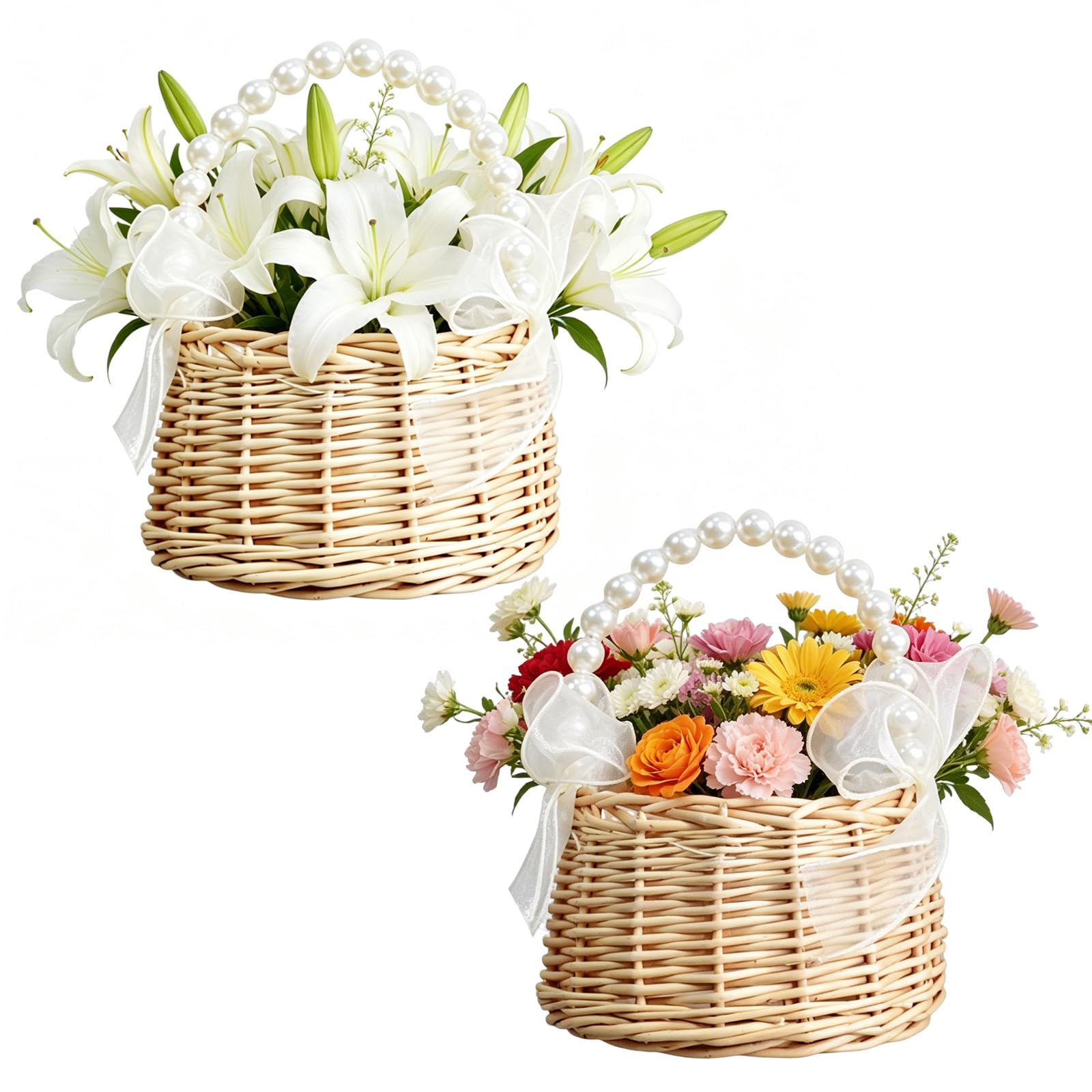 Set of 2 Willow Wicker, Flower Girl Baskets with Pearl Handles and Bows, Wedding Flower Baskets for Flower Girls, Handheld Baskets for Weddings, Party Decor, Medium Size