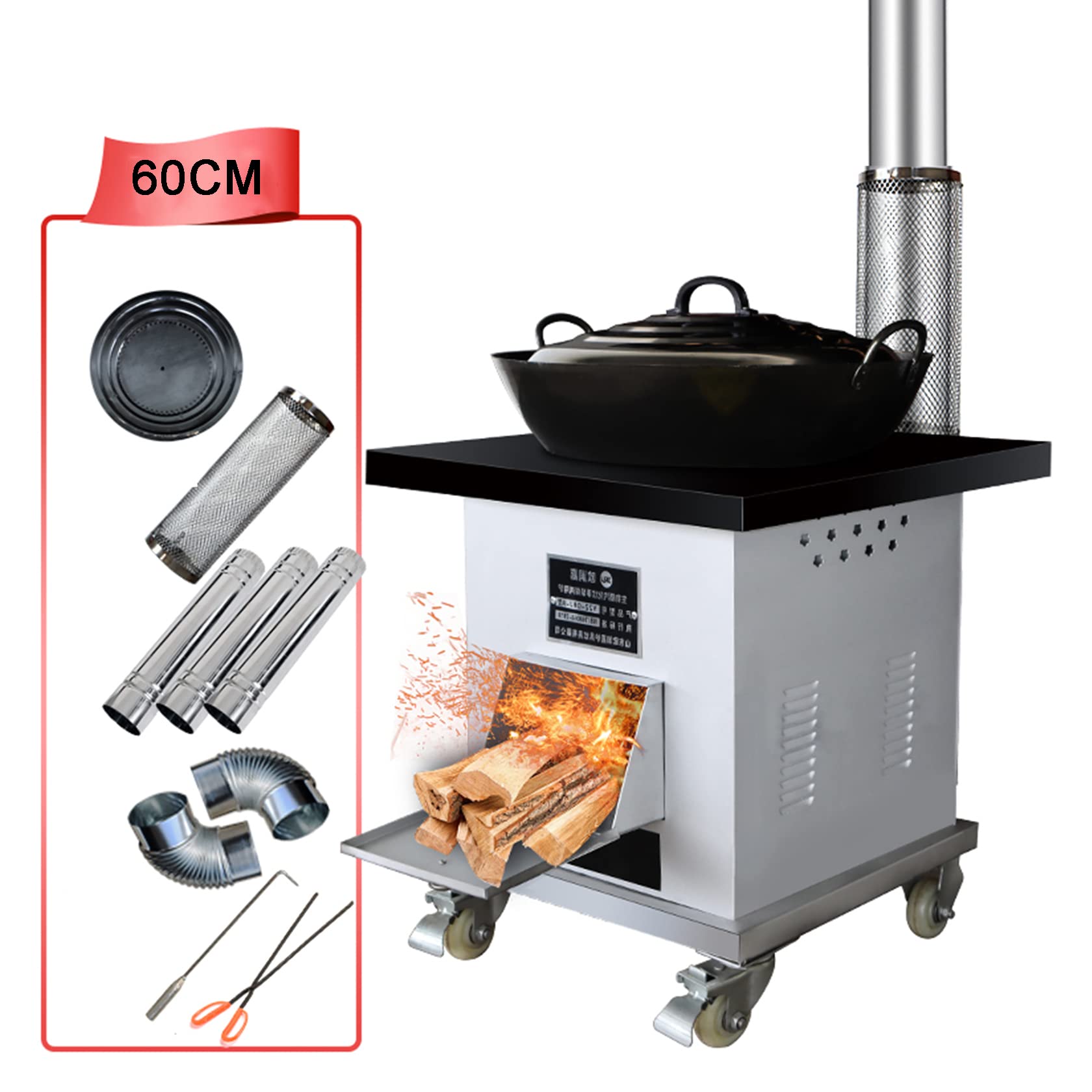 Stufa A Legna A Gassificazione A Risparmio Energetico, Stufa A Legna Senza Fumo, Stufa Riscaldante Multifunzionale, con Camino, Rete Antiscottatura E Padella in Ferro Fatta A Mano,60CM