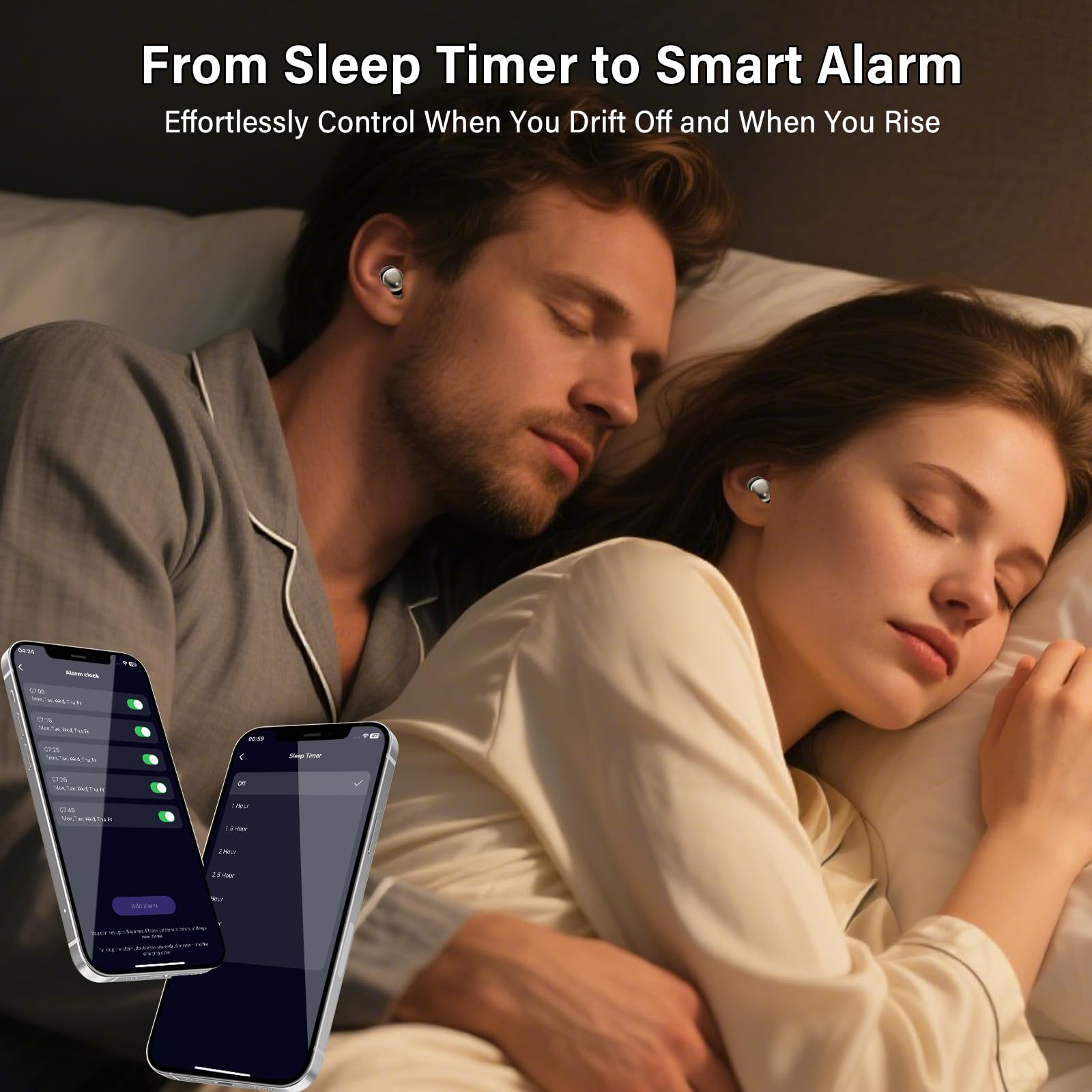 Ecouteurs Bluetooth sans Fil, Écouteurs Sommeil pour Dormir sur le Côté Avec Suivi du Sommeil, Sleep Earbuds Bluetooth 5.4 Mini Écouteurs Sans Fil pour Dormir Alarme personnelle Casques 48H(Noir jais)