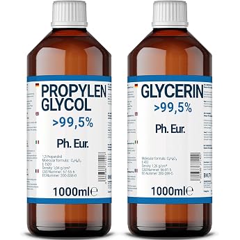 1000 ml Glycerin + 1000 ml Propylene Glycol in Pharmaceutical Quality | >99.5% | Pure | E422 + E1520 DIY