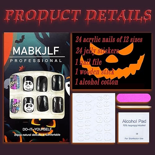 Miniatura 3 de Uñas postizas a presión de Halloween, cuadradas, medianas, con punta francesa, degradado, cobertura completa, tela de araña, calabaza, con diseños